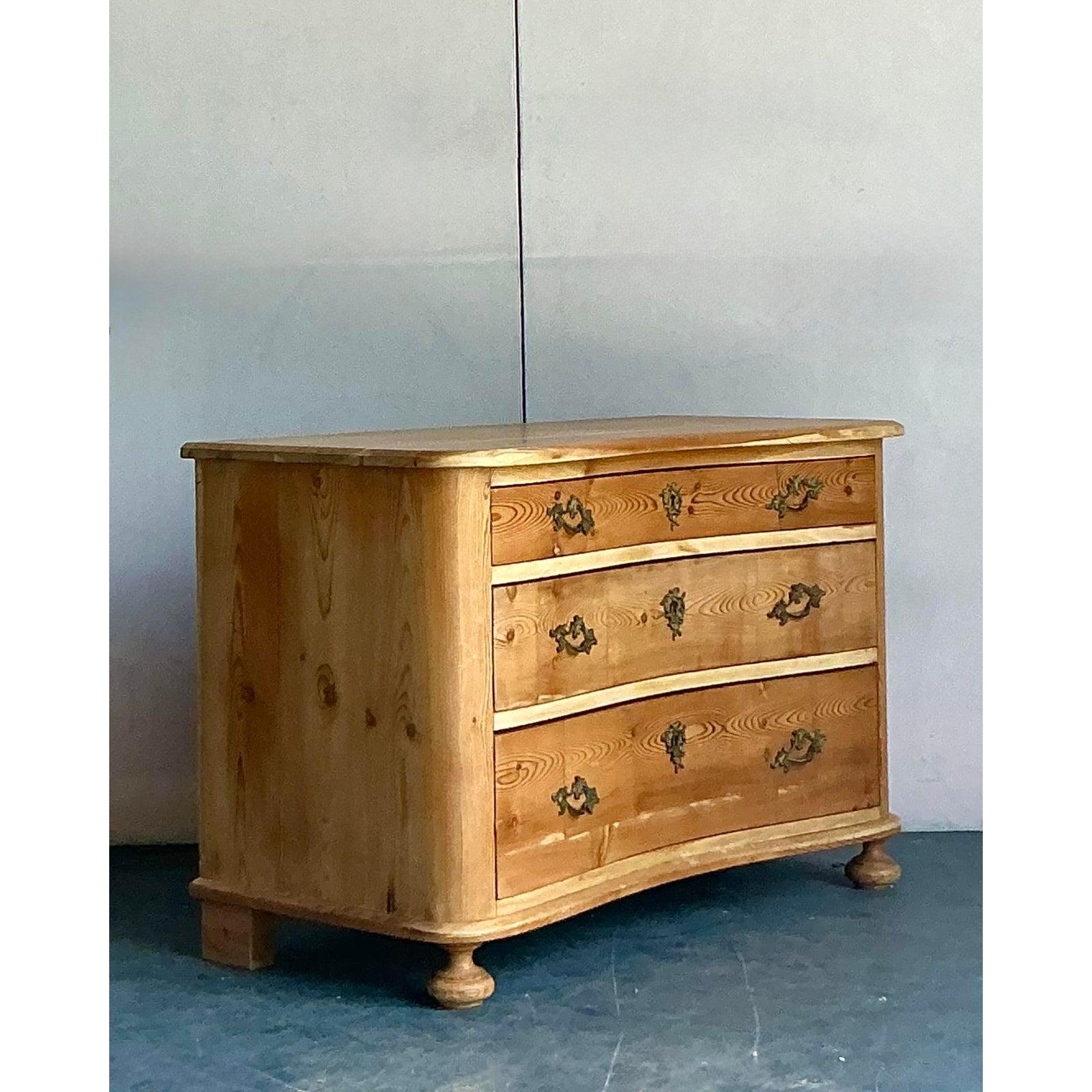 Vintage Boho Roll Front Knotty Pine Chest of Drawers In Good Condition For Sale In West Palm Beach, FL