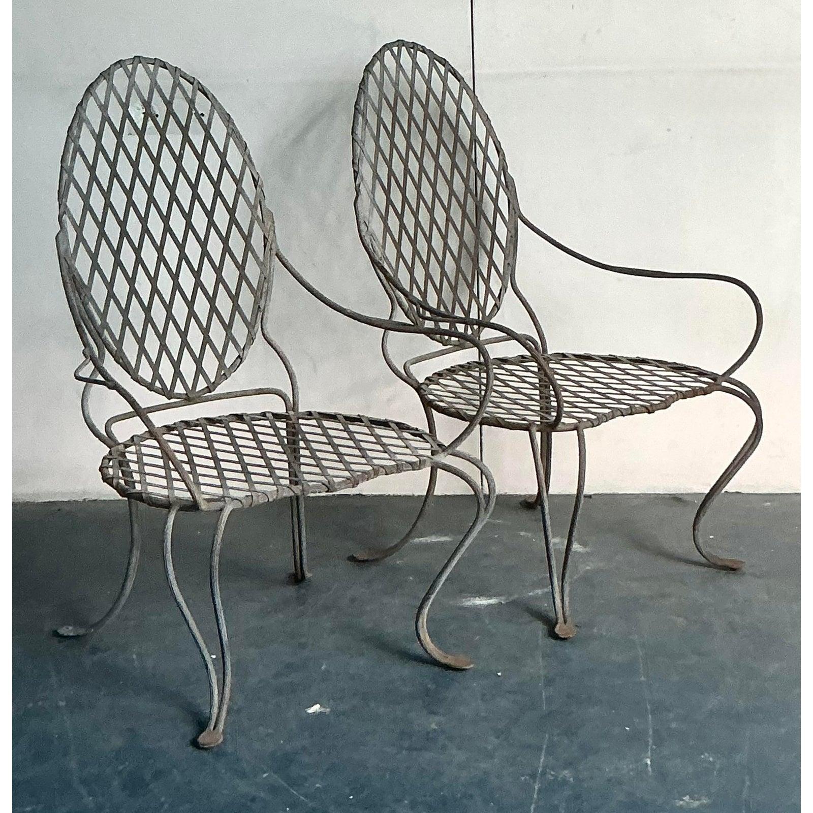 American Vintage Boho Rose Tarlow Twig Wrought Iron Lounge Chairs - A Pair For Sale