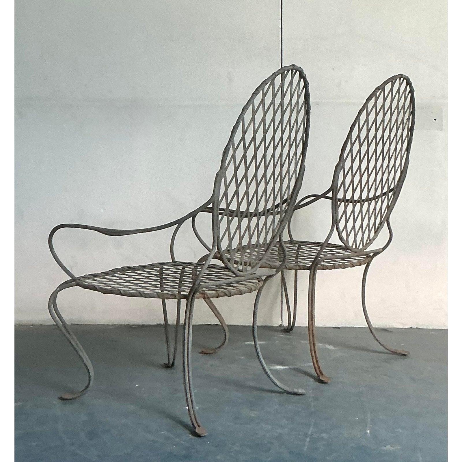 Vintage Boho Rose Tarlow Twig Wrought Iron Lounge Chairs - A Pair In Good Condition For Sale In West Palm Beach, FL