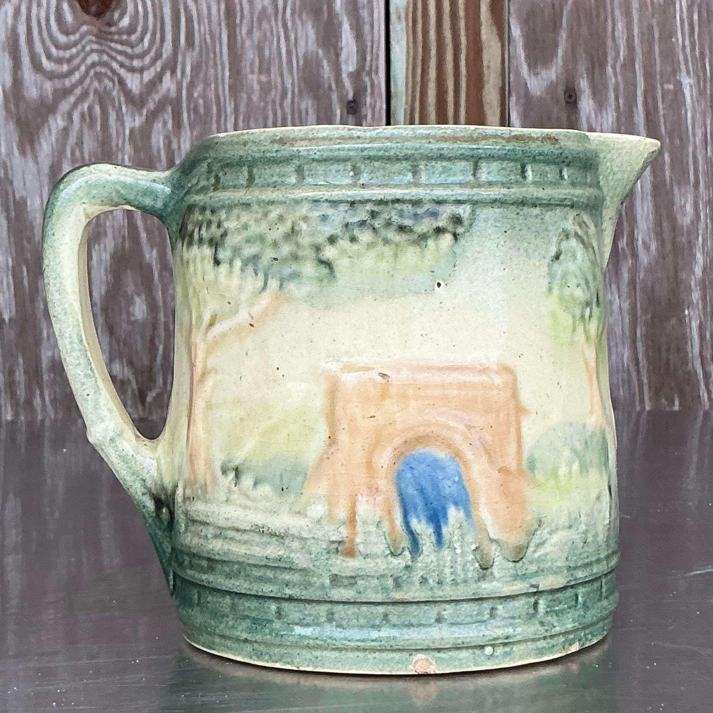 Jarra de Leche de Cerámica Vintage Boho Roseville siglo XX en venta