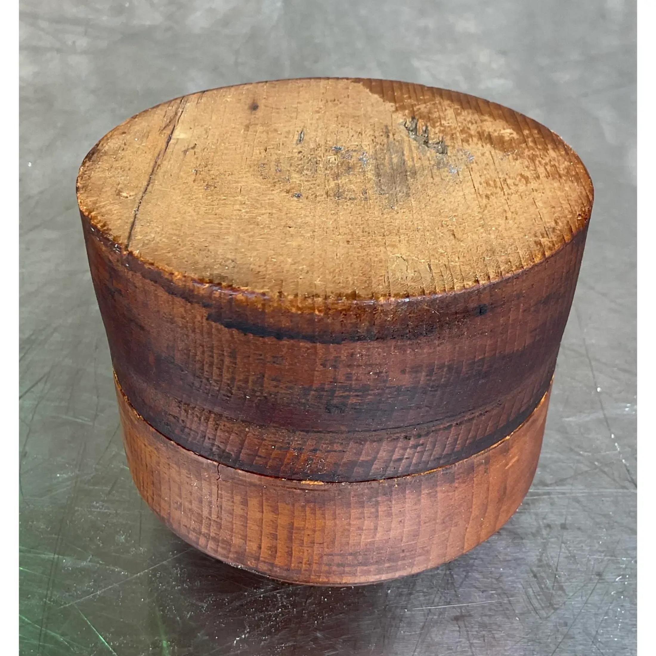 Fantastic vintage Boho Wood box. A chic round shape with a hand finished surface. Rustic in feel with beautiful wood grain detail. Acquired from a NY estate.
