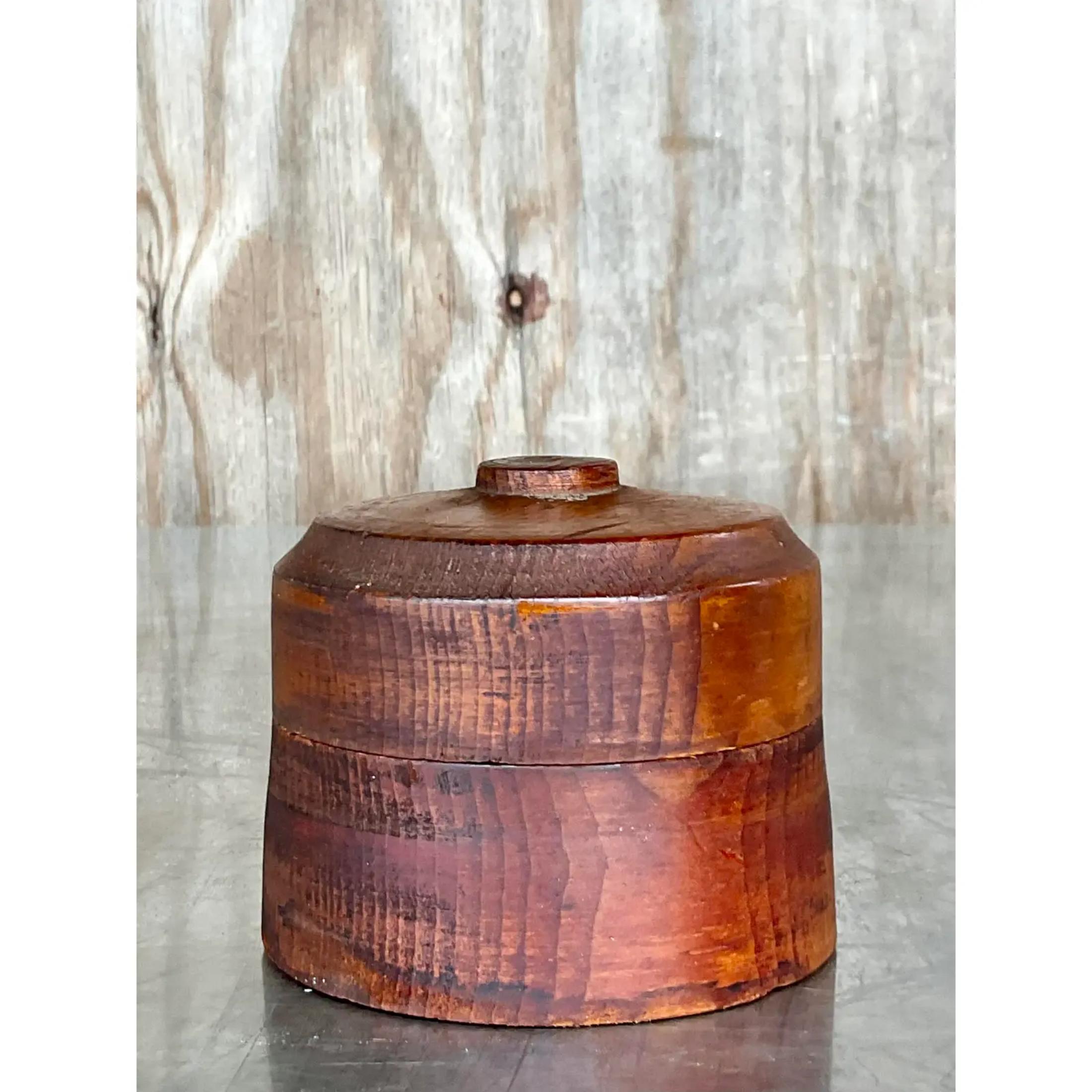 Rustic Vintage Boho Round Lidded Wood Box For Sale