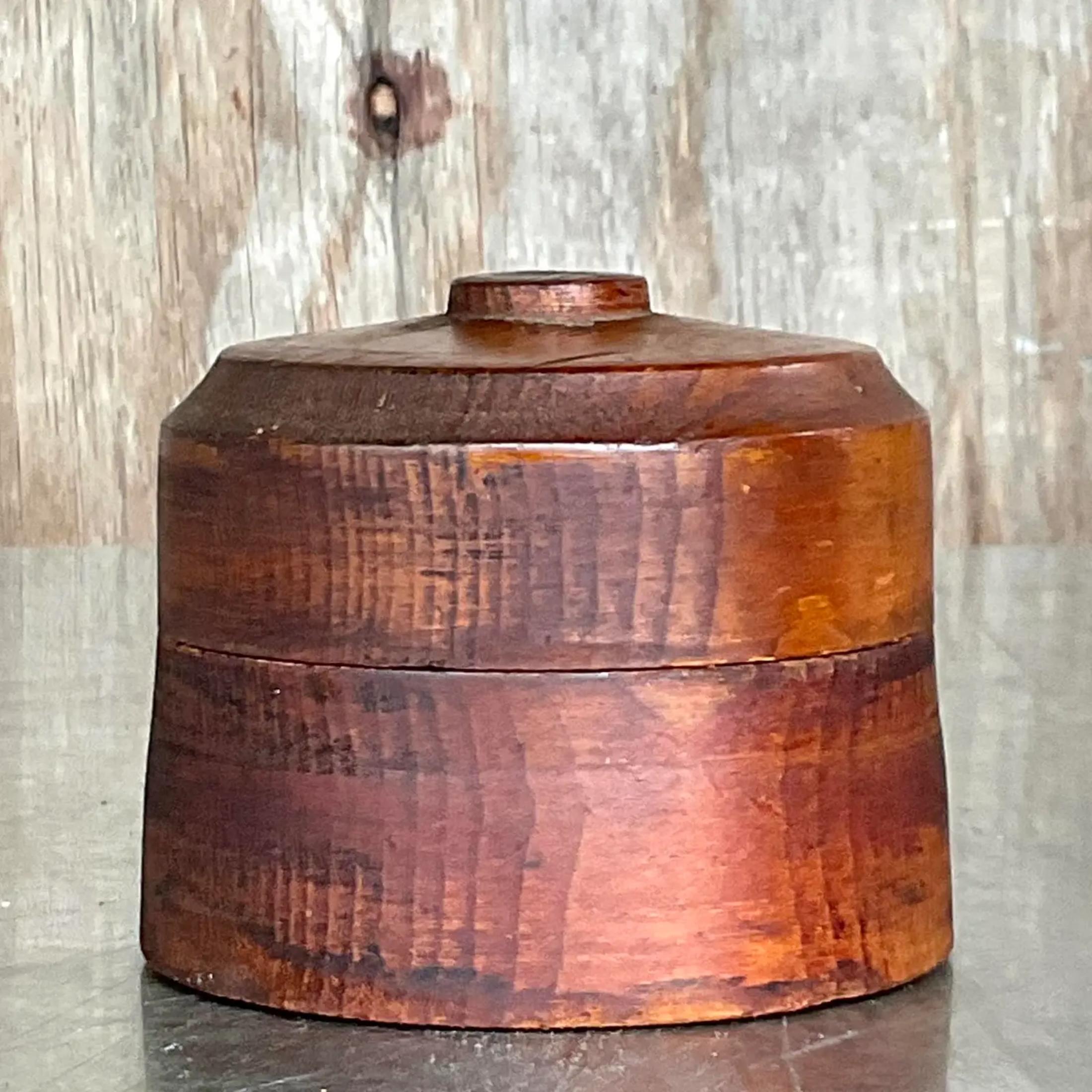 Vintage Boho Round Lidded Wood Box In Good Condition For Sale In west palm beach, FL