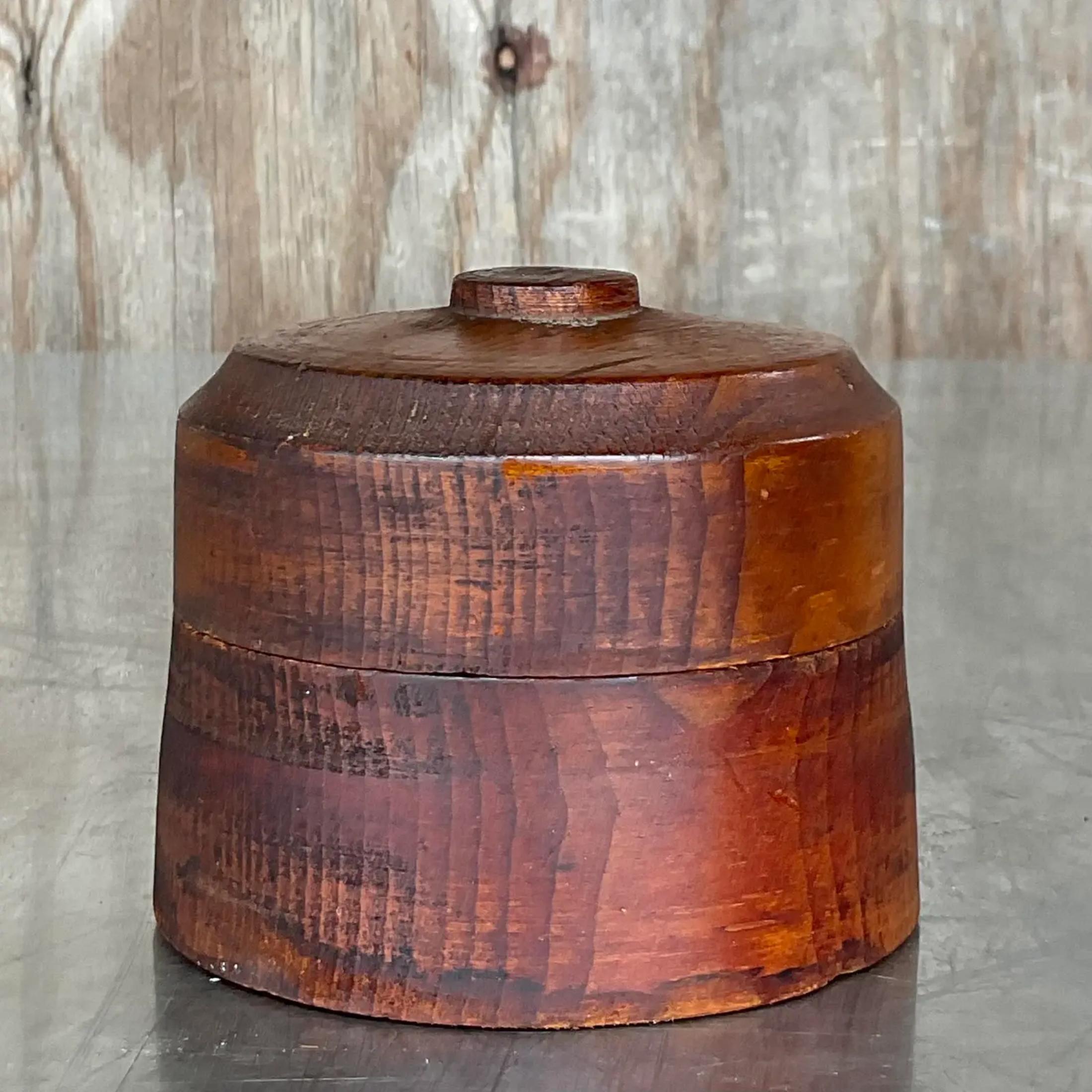 Vintage Boho Round Lidded Wood Box For Sale 1