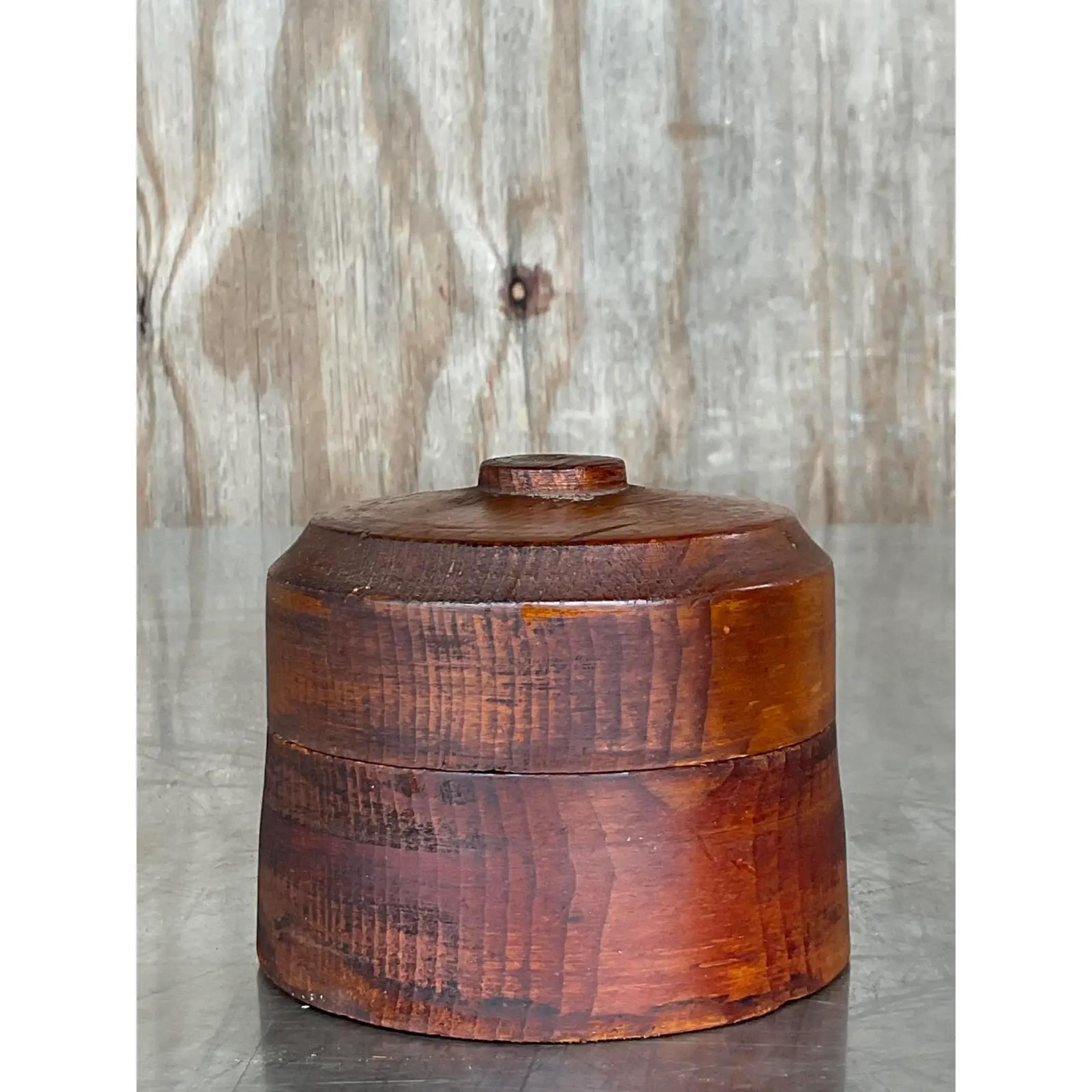 Vintage Boho Round Lidded Wood Box For Sale 2