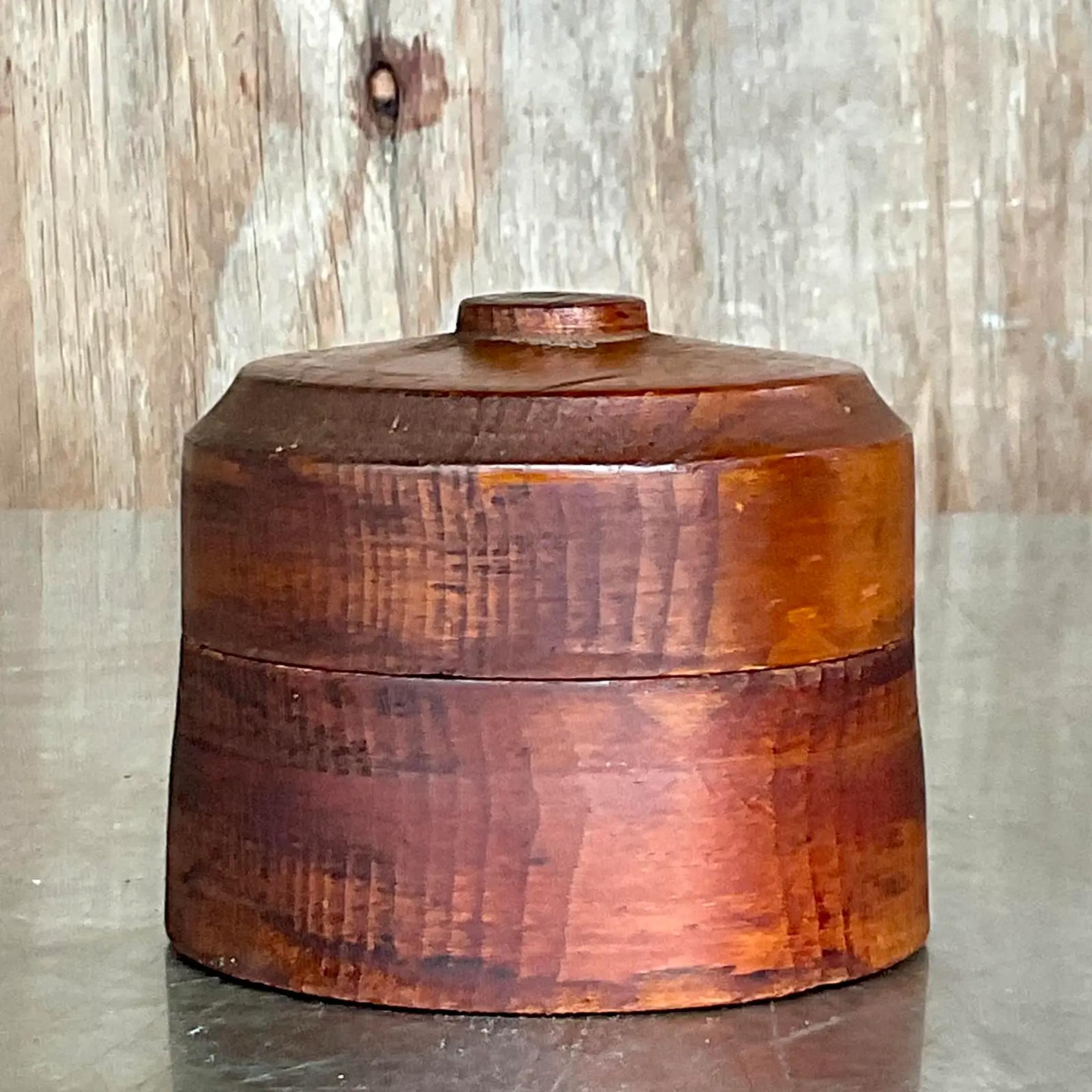Vintage Boho Round Lidded Wood Box For Sale 3