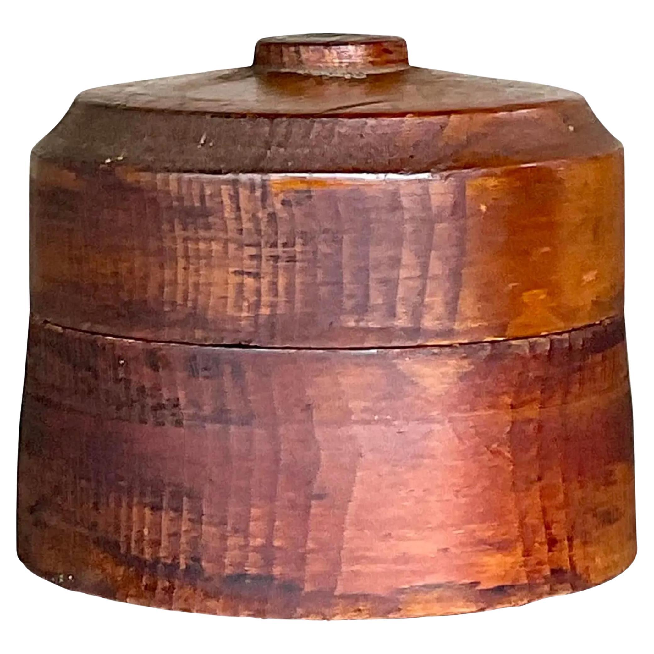 Vintage Boho Round Lidded Wood Box For Sale