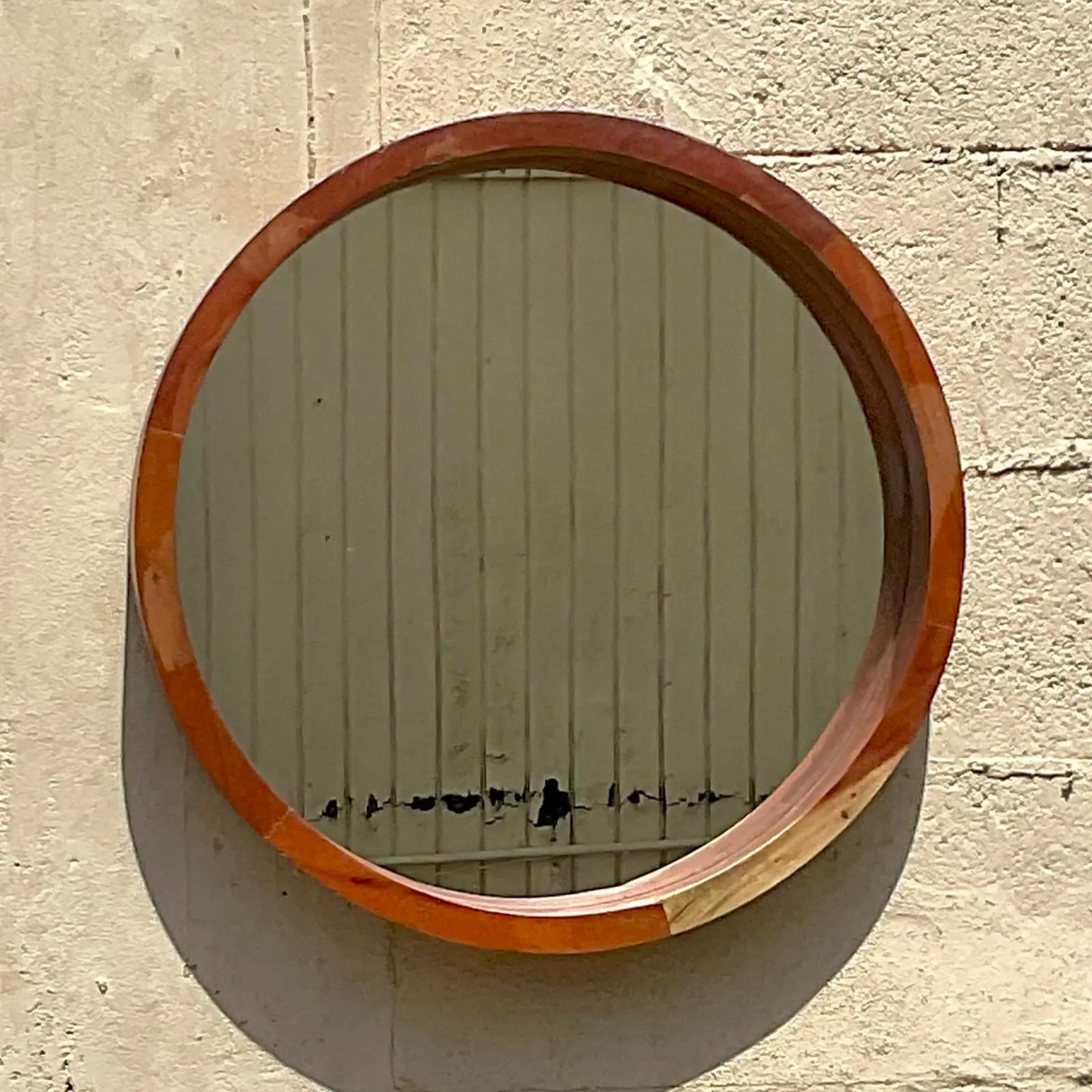 Bohemian Vintage Boho Round Wooden Mirror For Sale