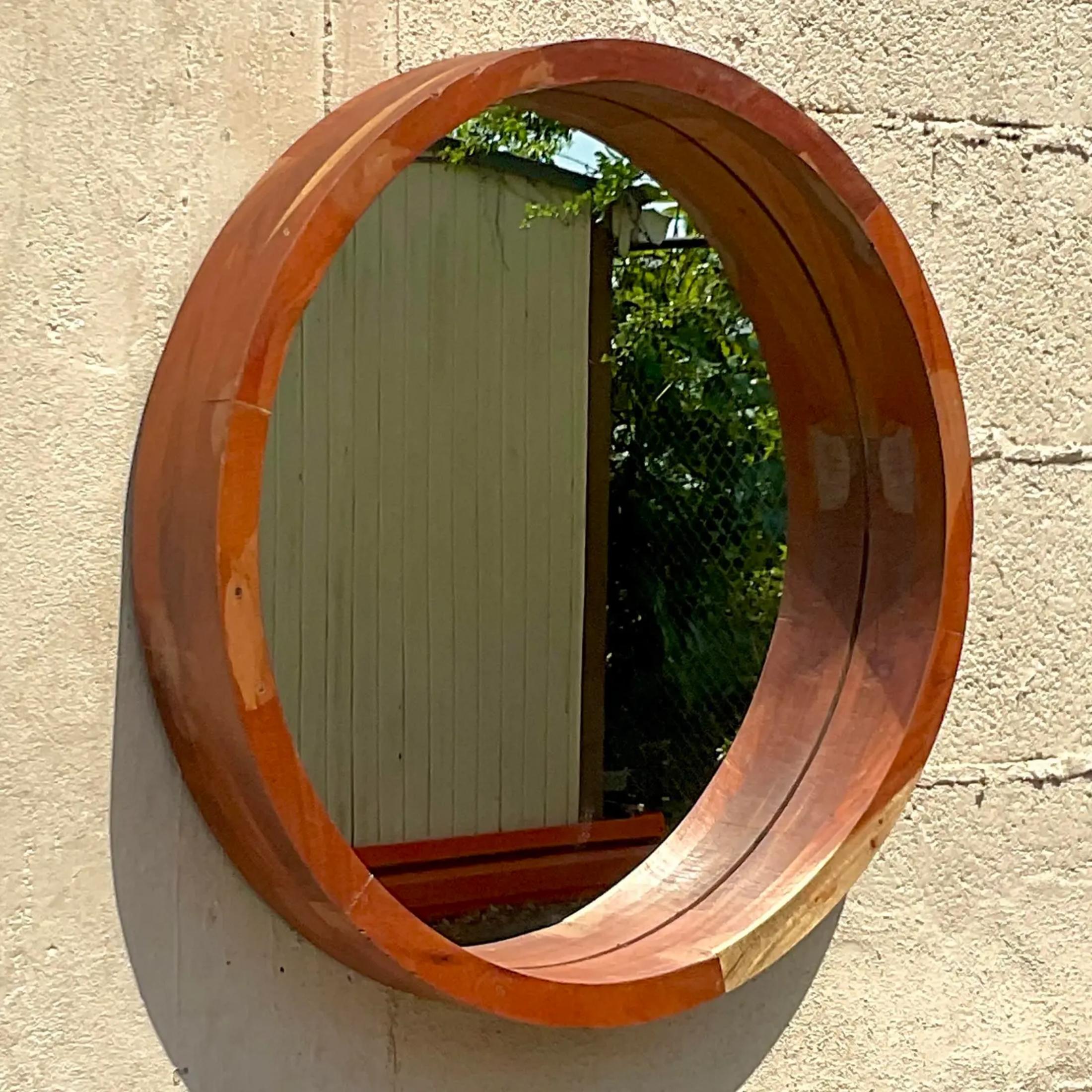 20th Century Vintage Boho Round Wooden Mirror For Sale