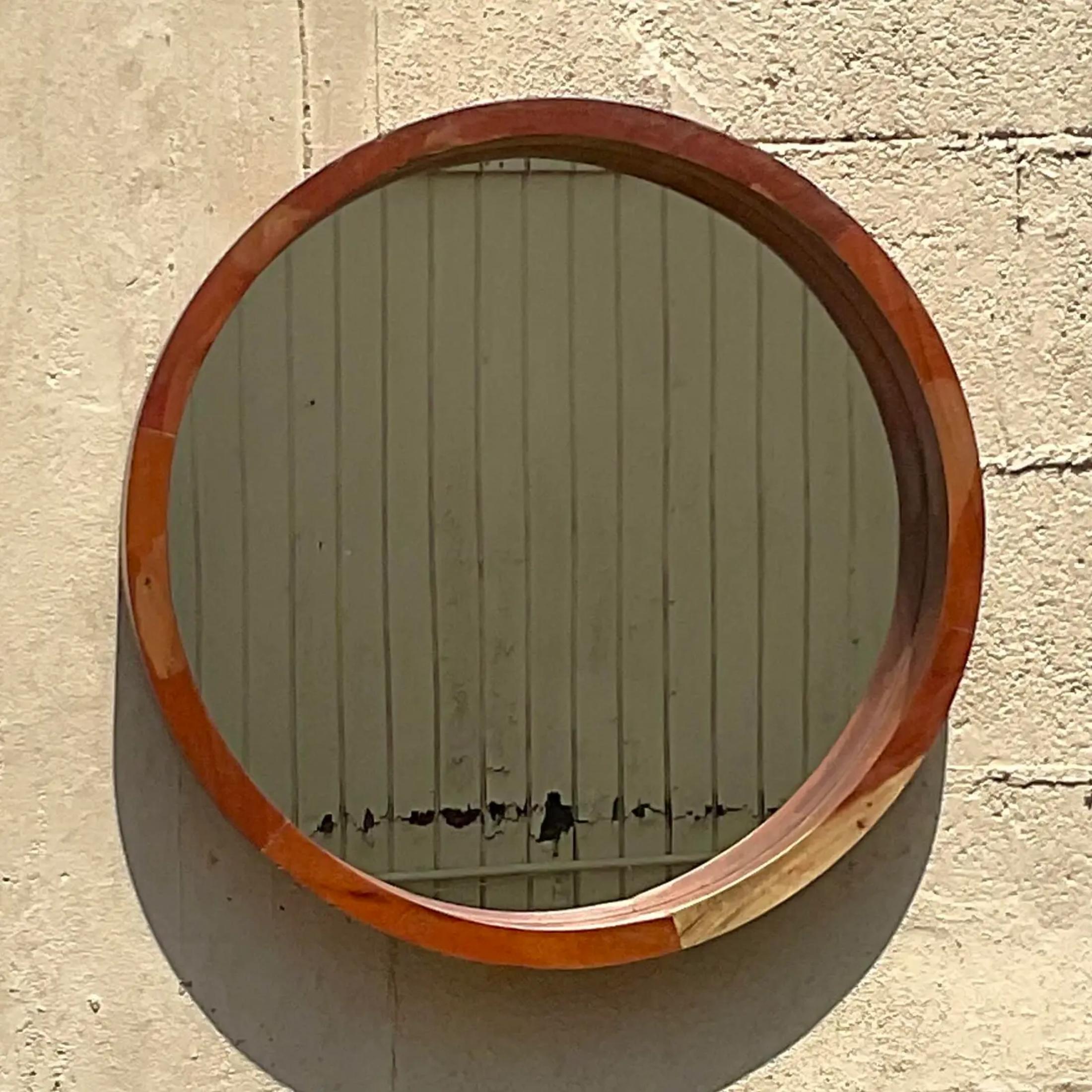 Vintage Boho Round Wooden Mirror For Sale 1