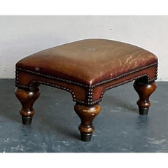 Vintage Boho Royal Crest Leather Footstool
