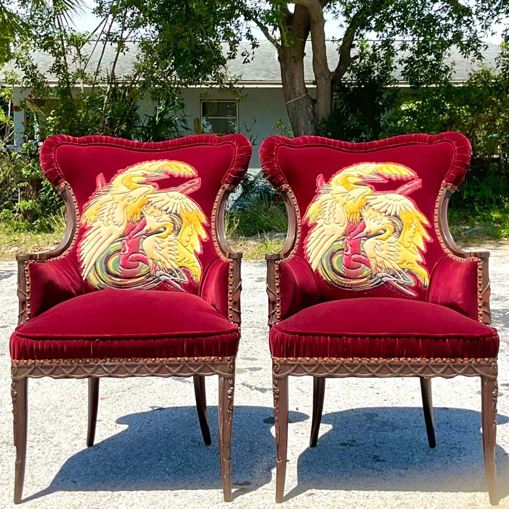 Vintage Boho Ruched Velvet Crane Arm Chairs - a Pair For Sale 4