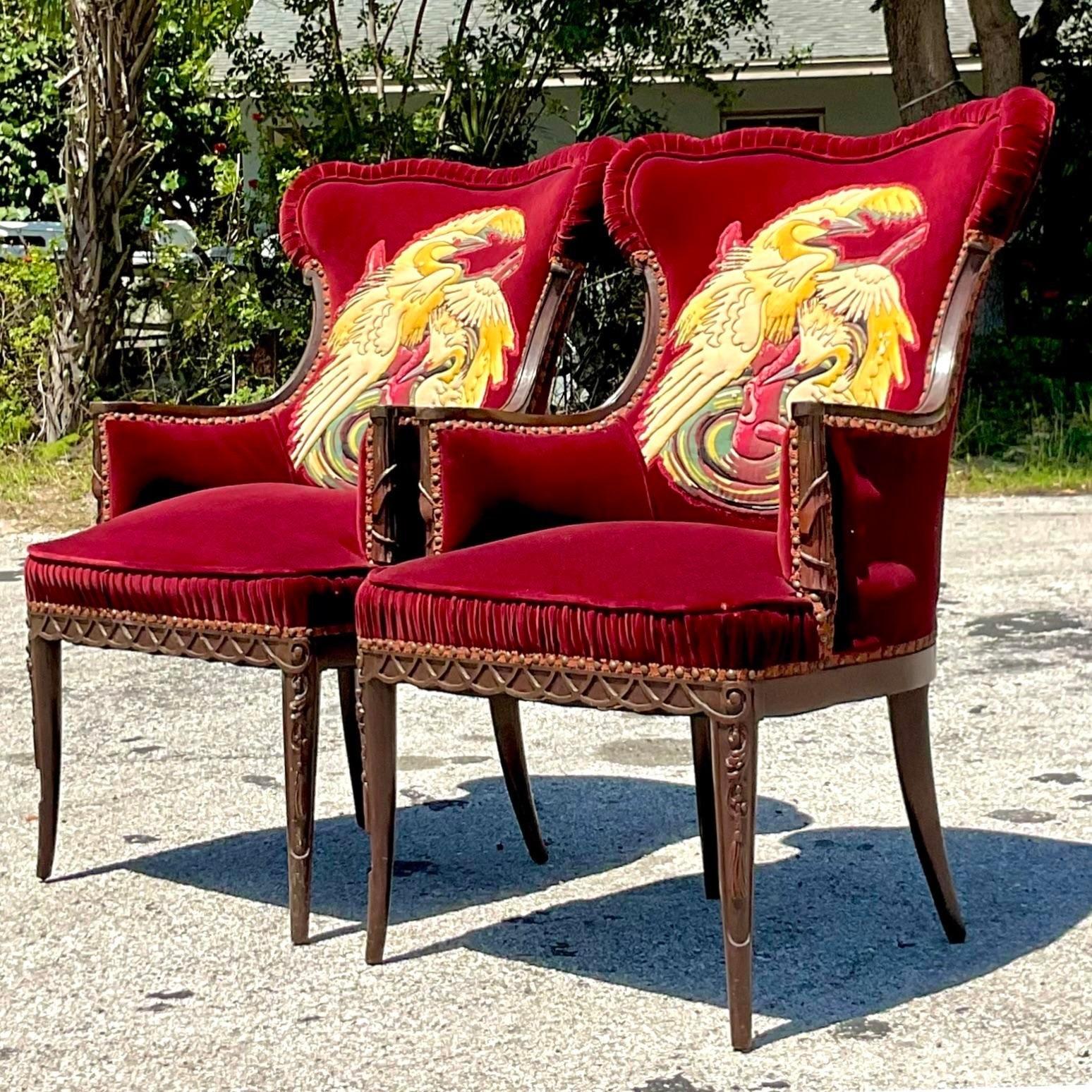 Chinoiserie Vintage Boho Ruched Velvet Crane Arm Chairs - a Pair For Sale