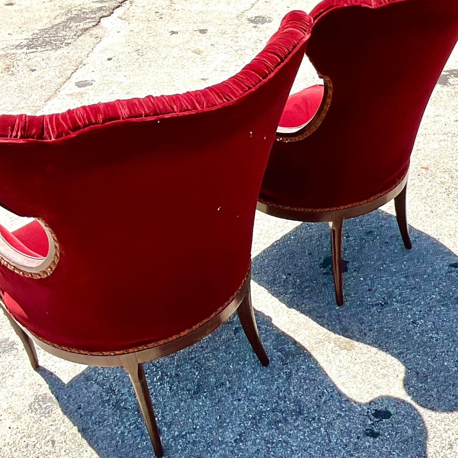 American Vintage Boho Ruched Velvet Crane Arm Chairs - a Pair For Sale