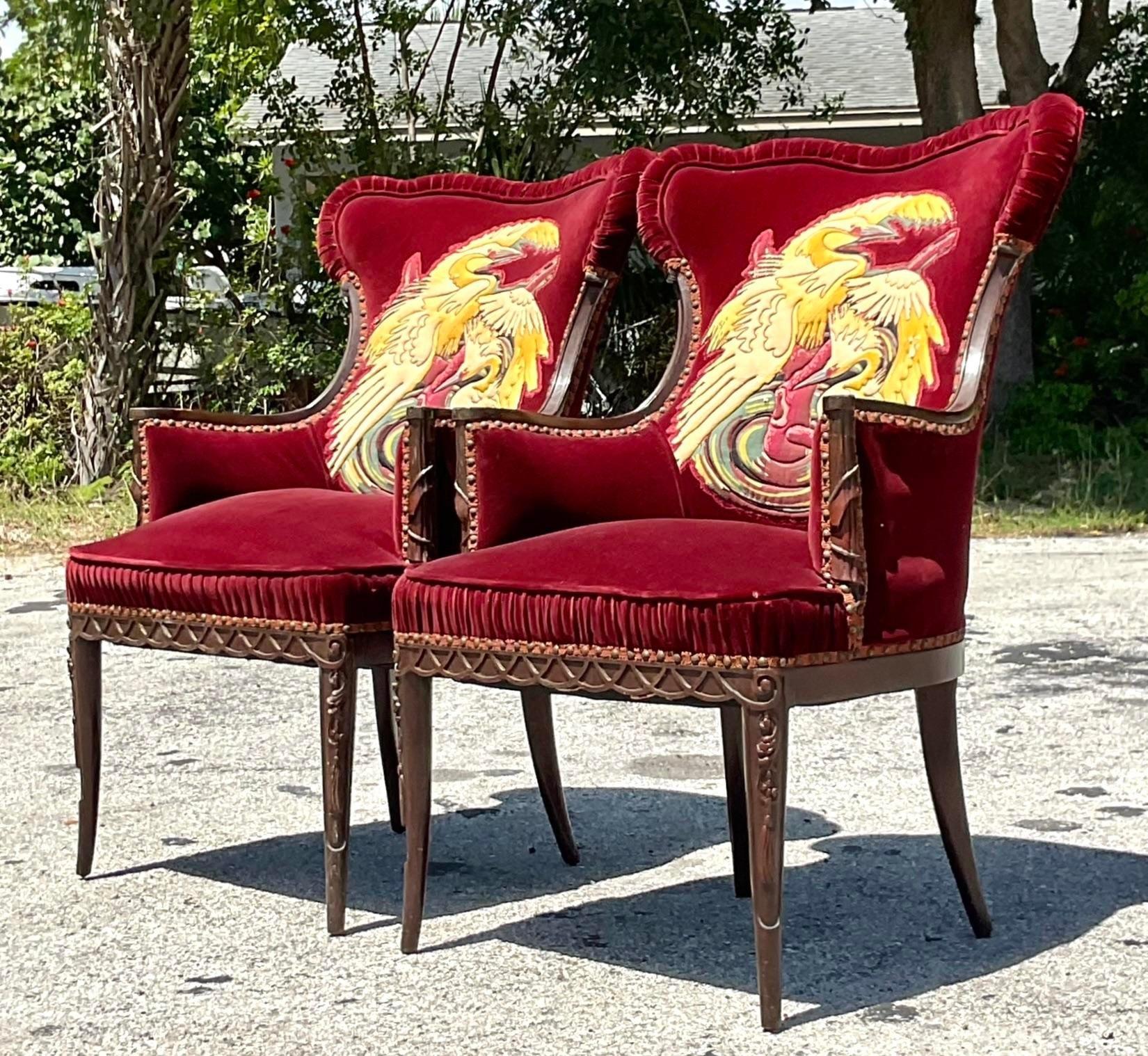 Vintage Boho Ruched Velvet Crane Arm Chairs - a Pair In Good Condition For Sale In west palm beach, FL
