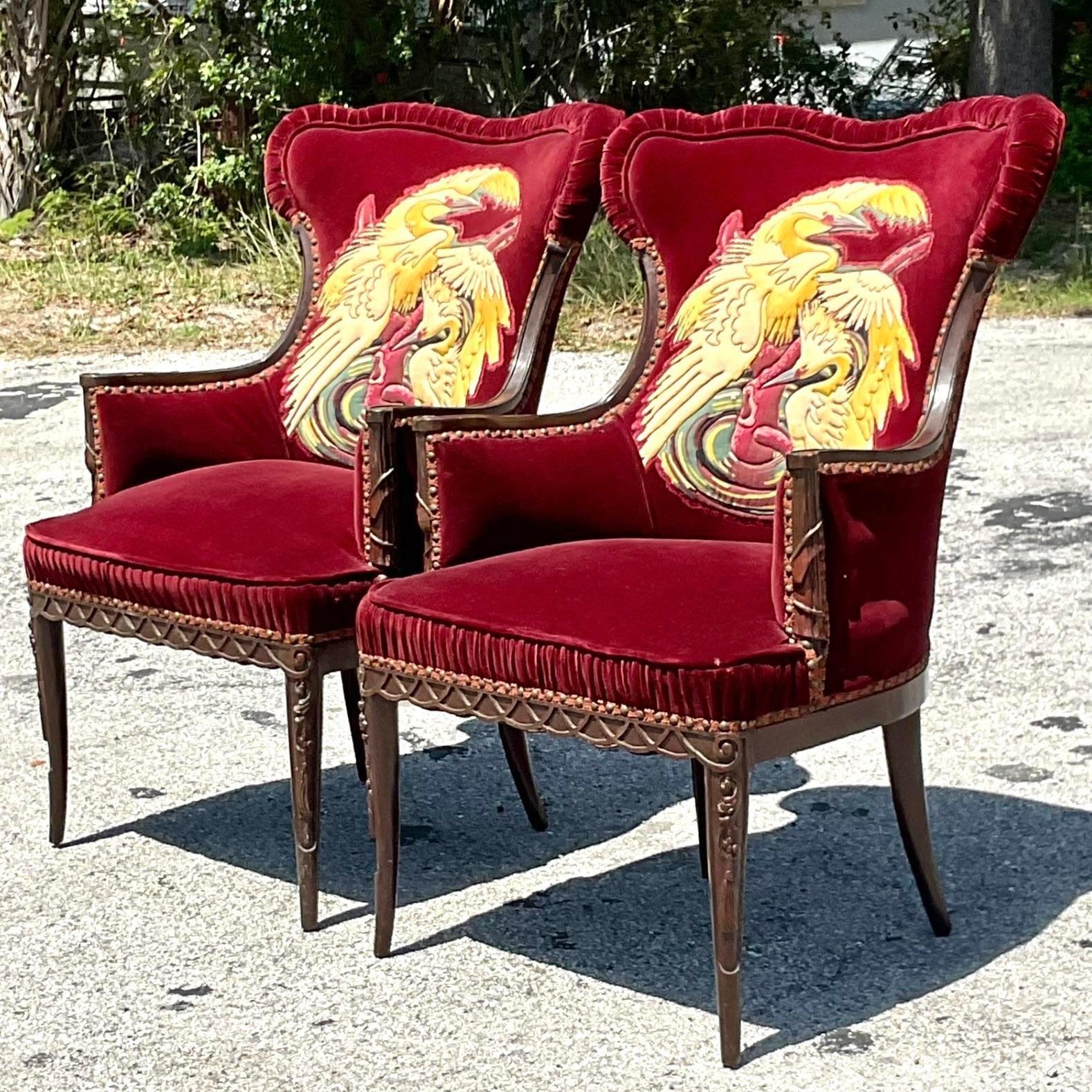 Vintage Boho Ruched Velvet Crane Arm Chairs - a Pair For Sale 2