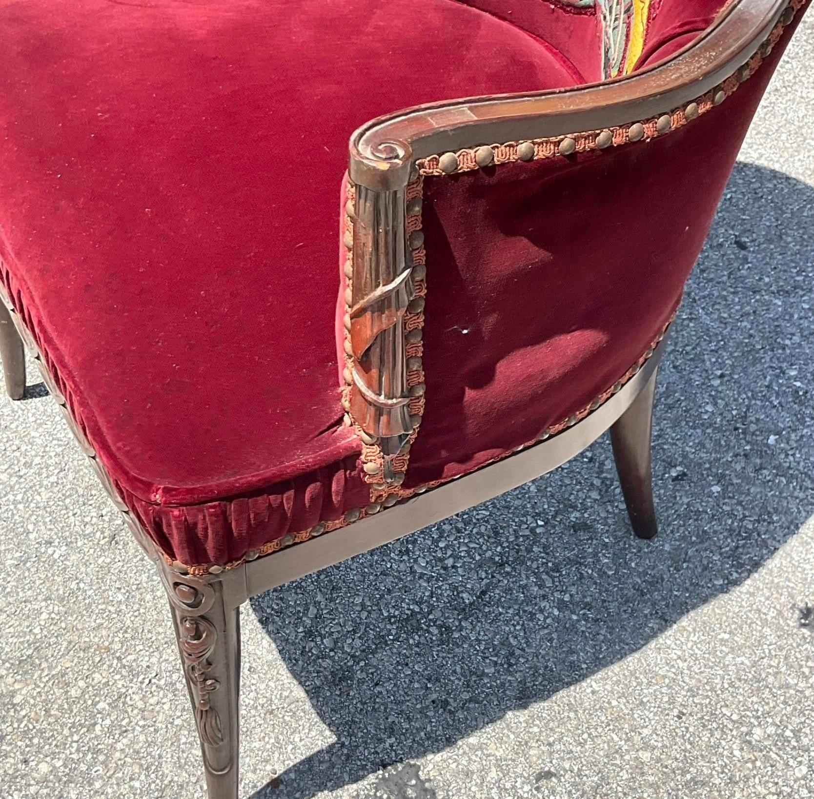 Paire de fauteuils grue en velours froncé Boho Vintage en vente 2