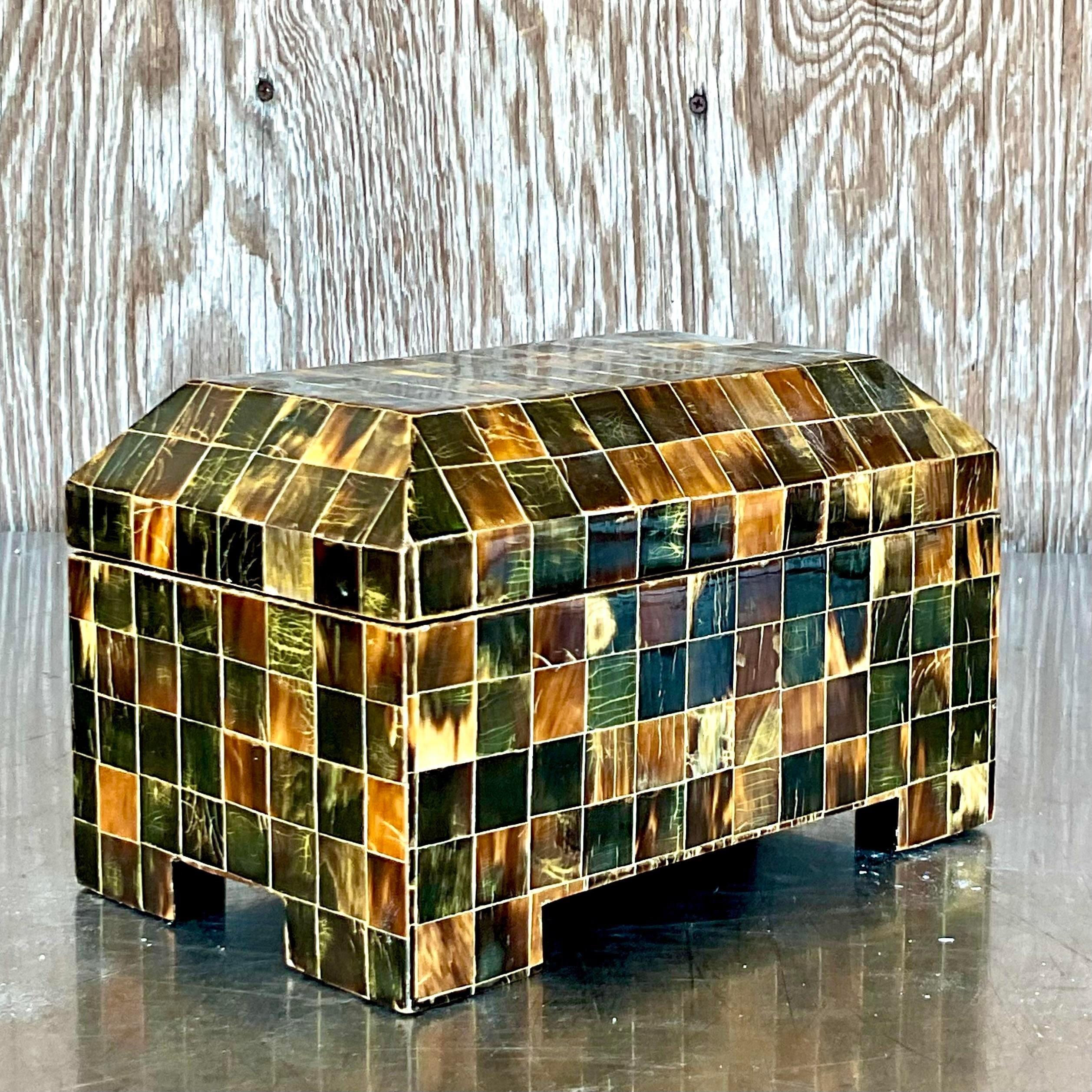 A fabulous vintage Boho tessellated horn box. Made by the coveted Rudolph Collection. Acquired from a Palm Beach estate.