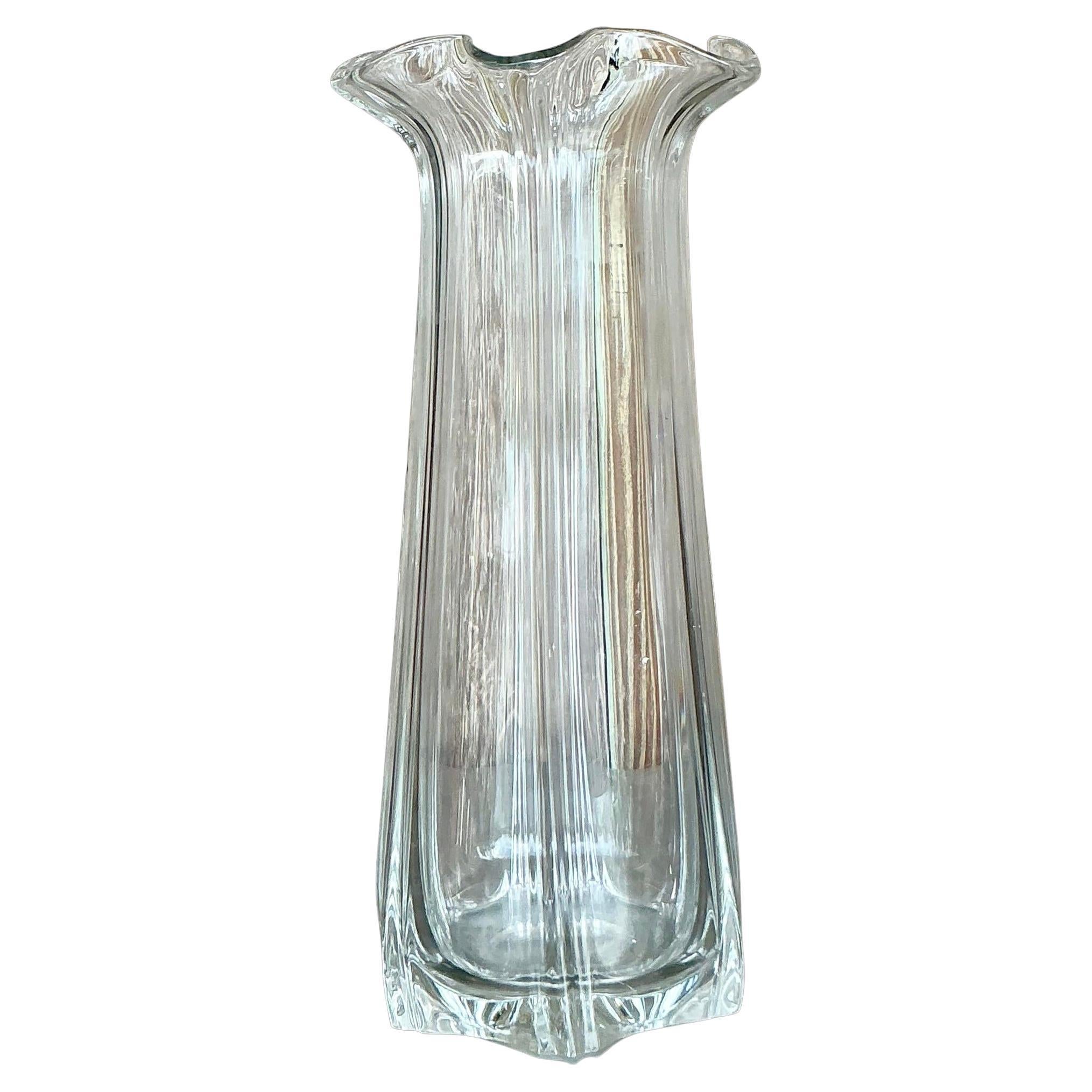 Grand vase vintage en verre à volants Boho
