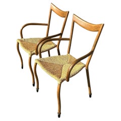 Vintage Boho Rush Seat Arm Chairs - a Pair