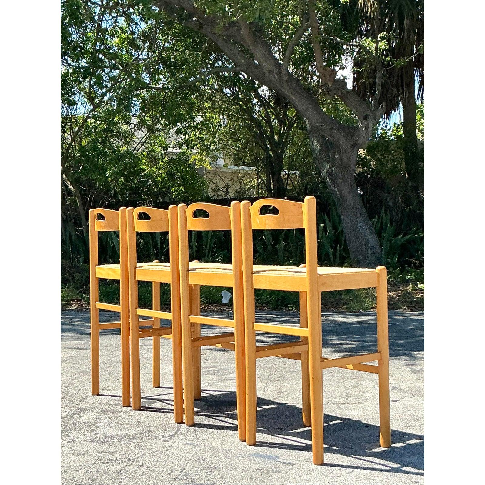 American Vintage Boho Rush Seat Bar Stools - Set of 4 For Sale