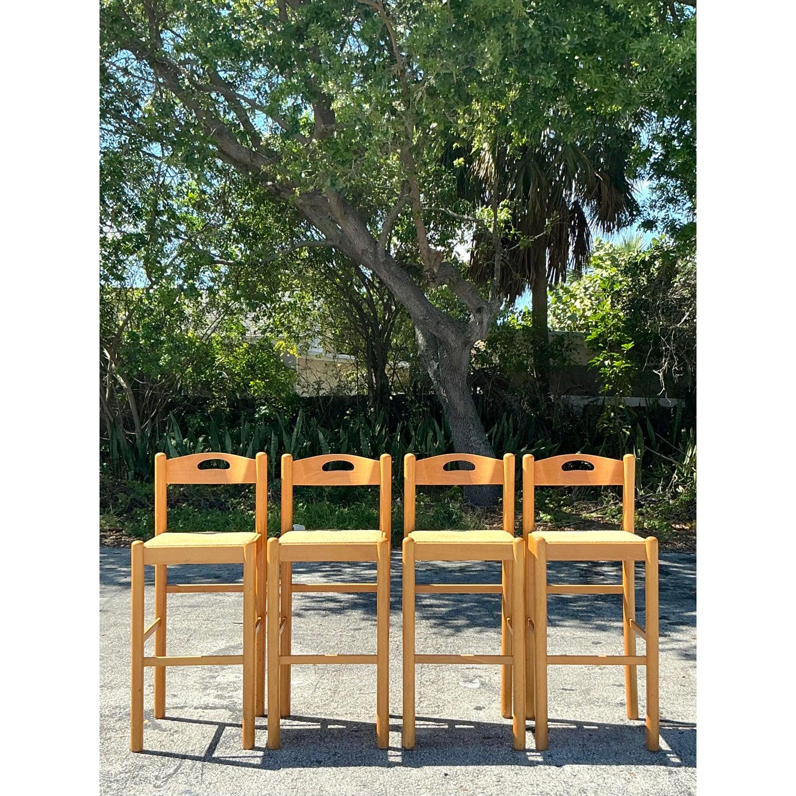 Vintage Boho Rush Seat Bar Stools - Set of 4 In Good Condition For Sale In west palm beach, FL