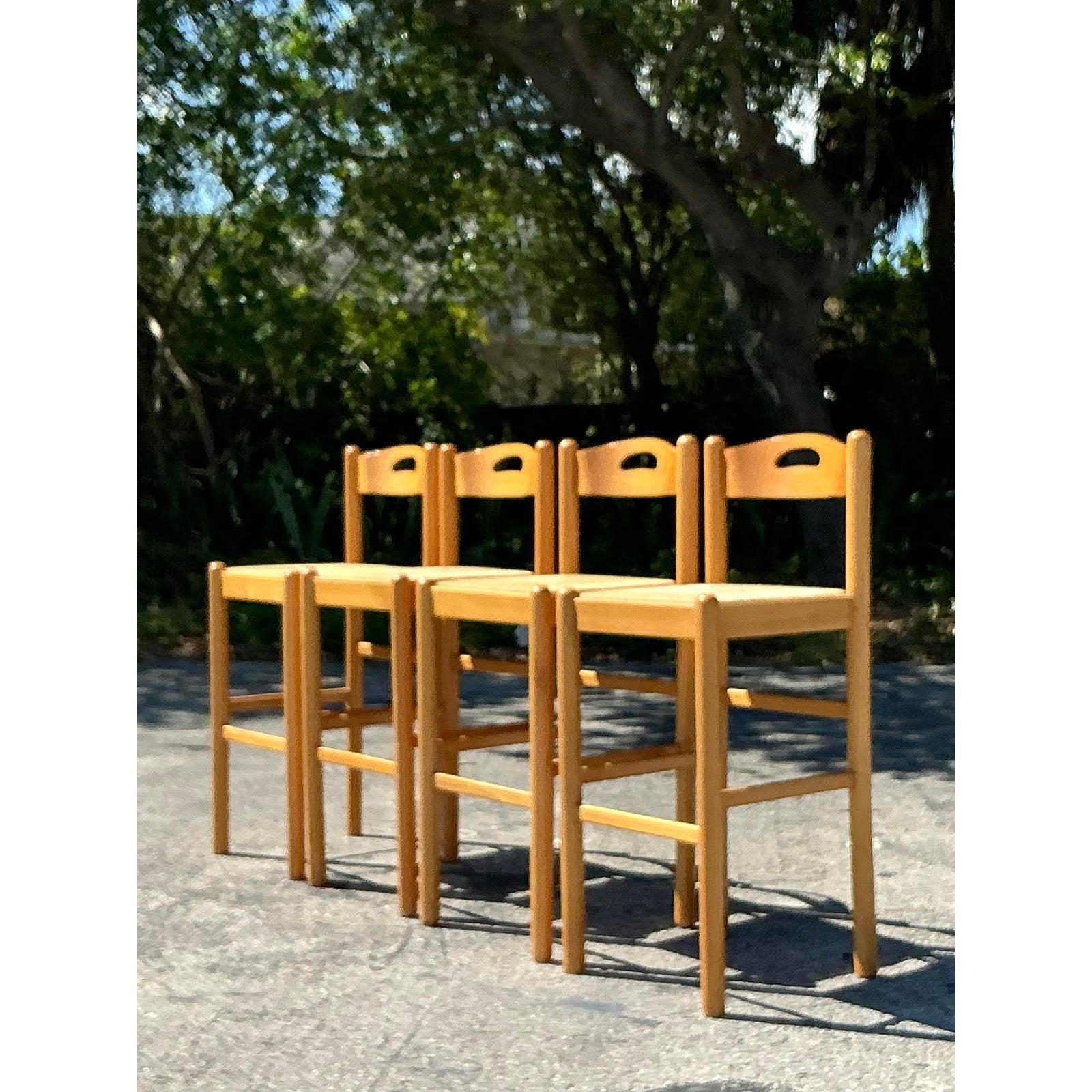 20th Century Vintage Boho Rush Seat Bar Stools - Set of 4 For Sale