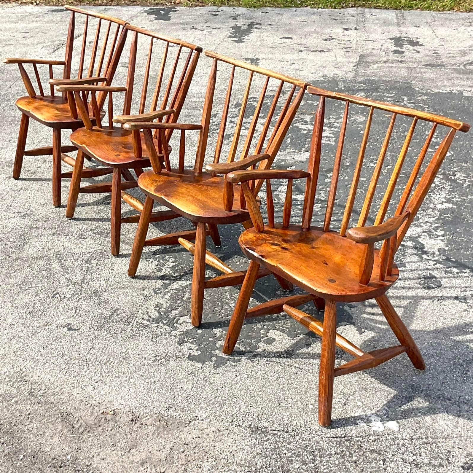 American Vintage Boho Rustic Spindle Back Chairs - Set of 4 For Sale