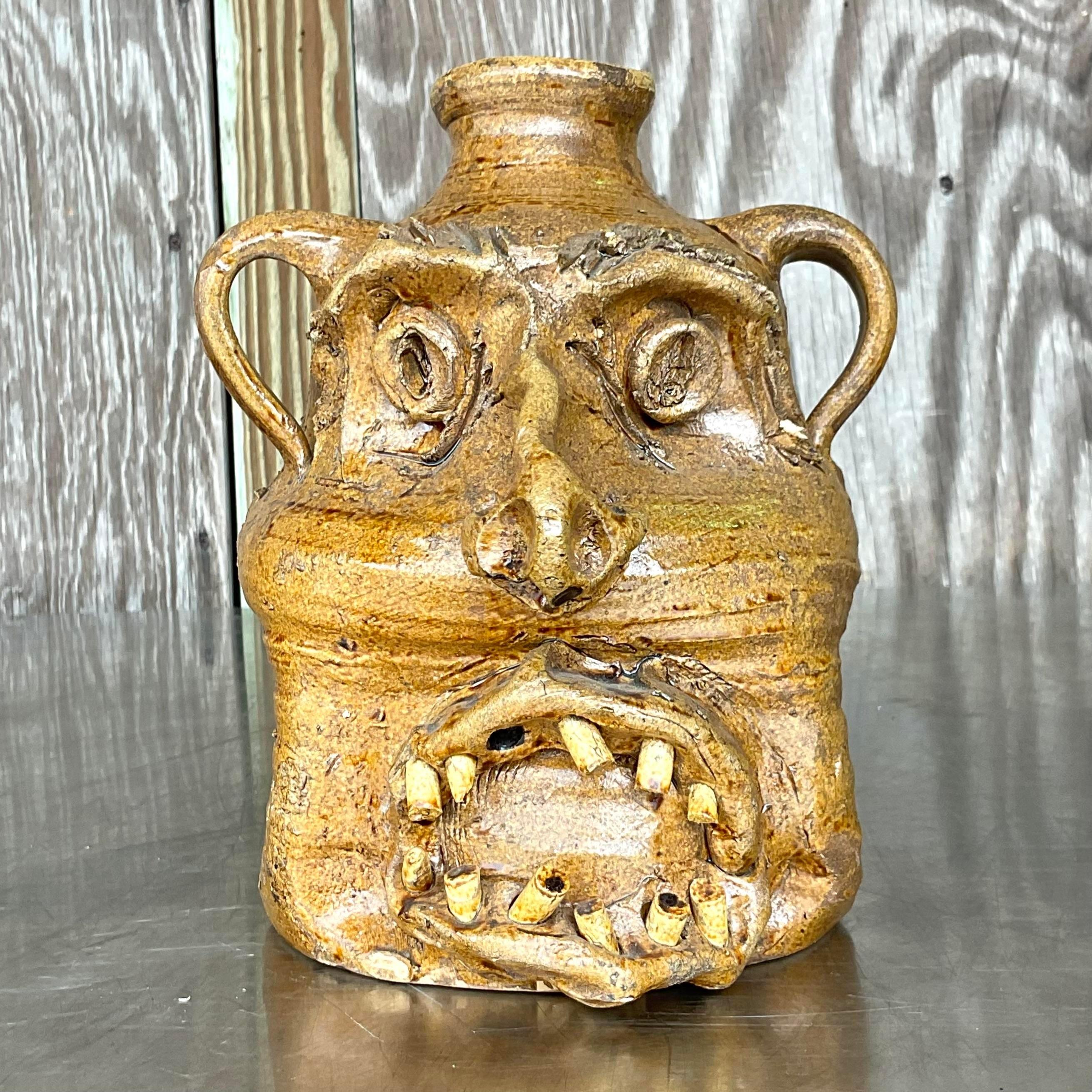 American Vintage Boho Rustic Studio Pottery Two-Faced Jug For Sale