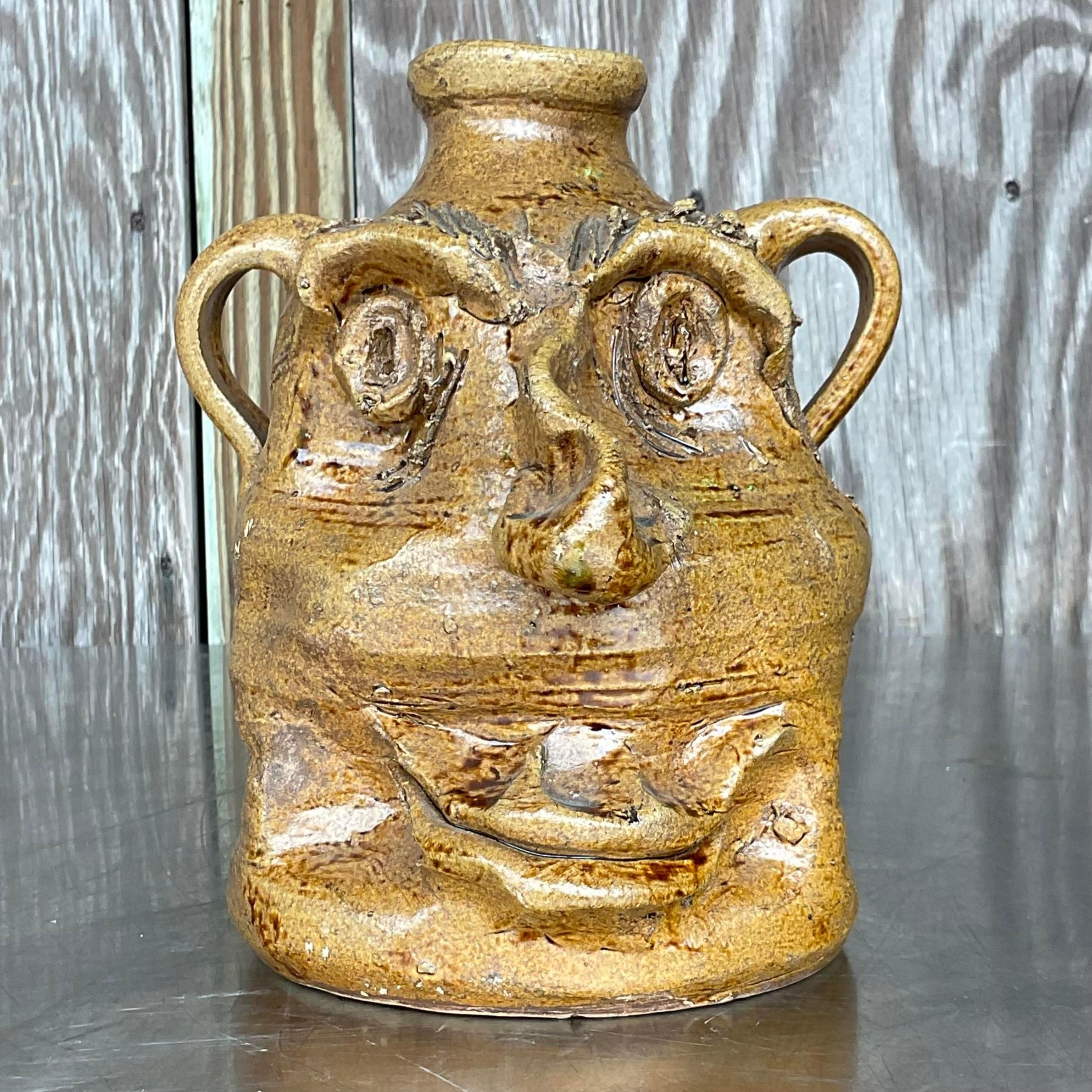 20th Century Vintage Boho Rustic Studio Pottery Two-Faced Jug For Sale