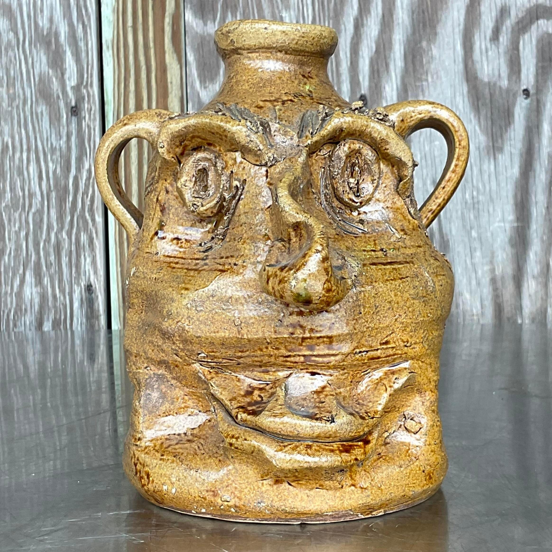 Vintage Boho Rustic Studio Pottery Two-Faced Jug For Sale 1