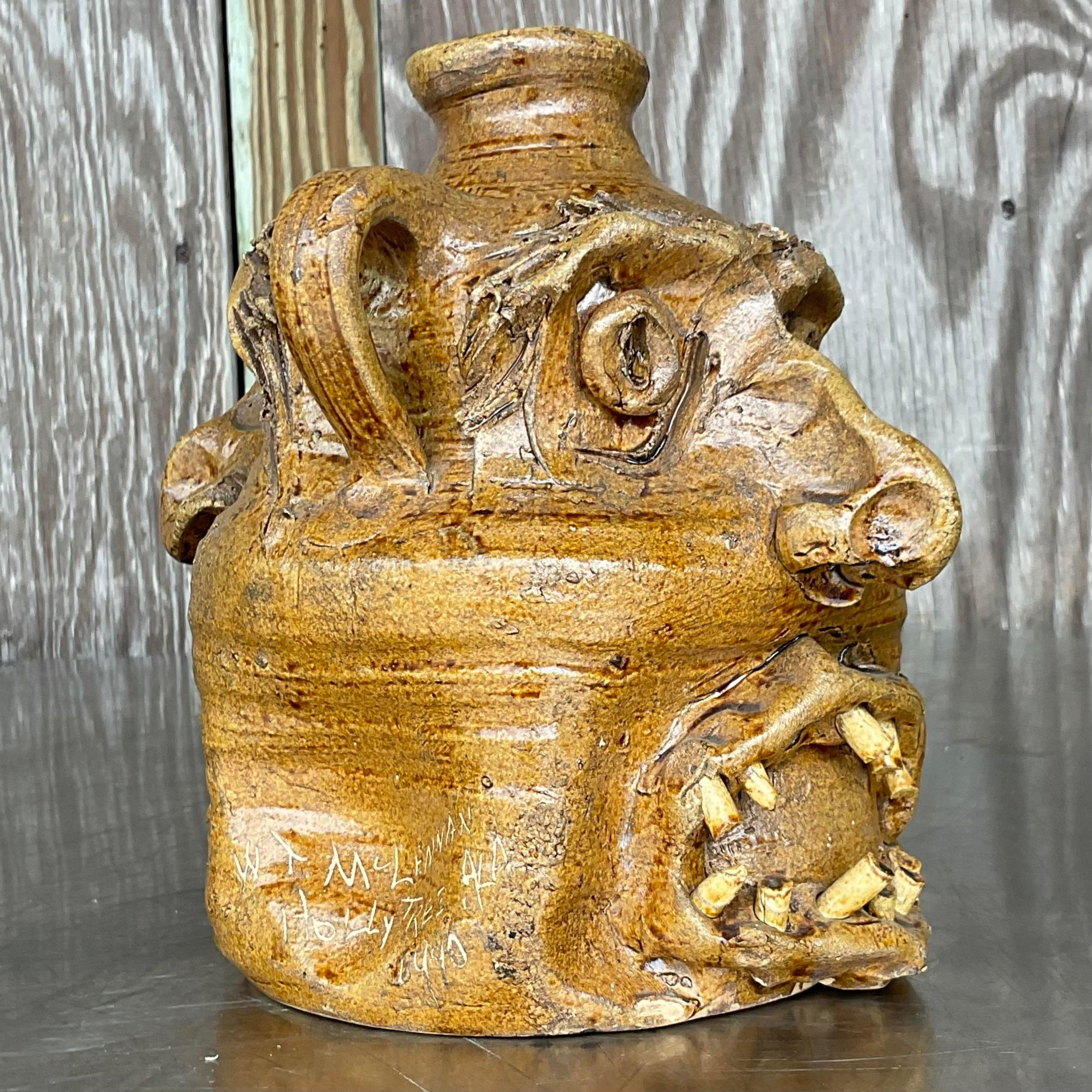 Vintage Boho Rustic Studio Pottery Two-Faced Jug For Sale 2