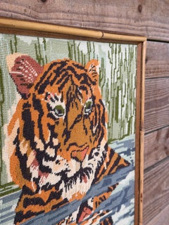Vintage Boho Safari Tiger Needlepoint Wall Art in Bamboo Trim Frame