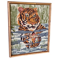 Vintage Boho Safari Tiger Needlepoint Wall Art in Bamboo Trim Frame