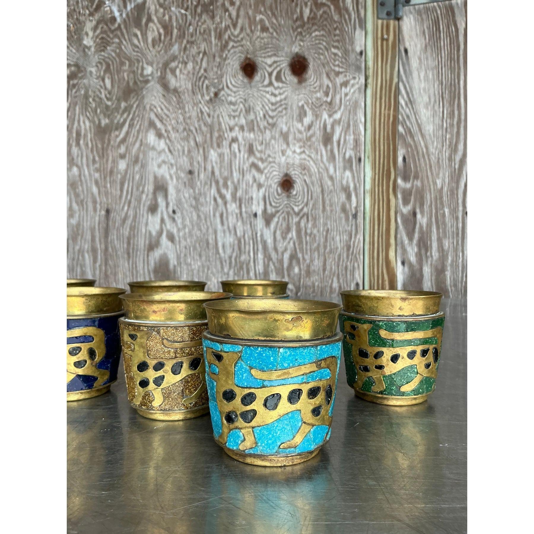 Brass Vintage Boho Salvador Tehran Mosaic Rocks Glasses - Set of 8 For Sale