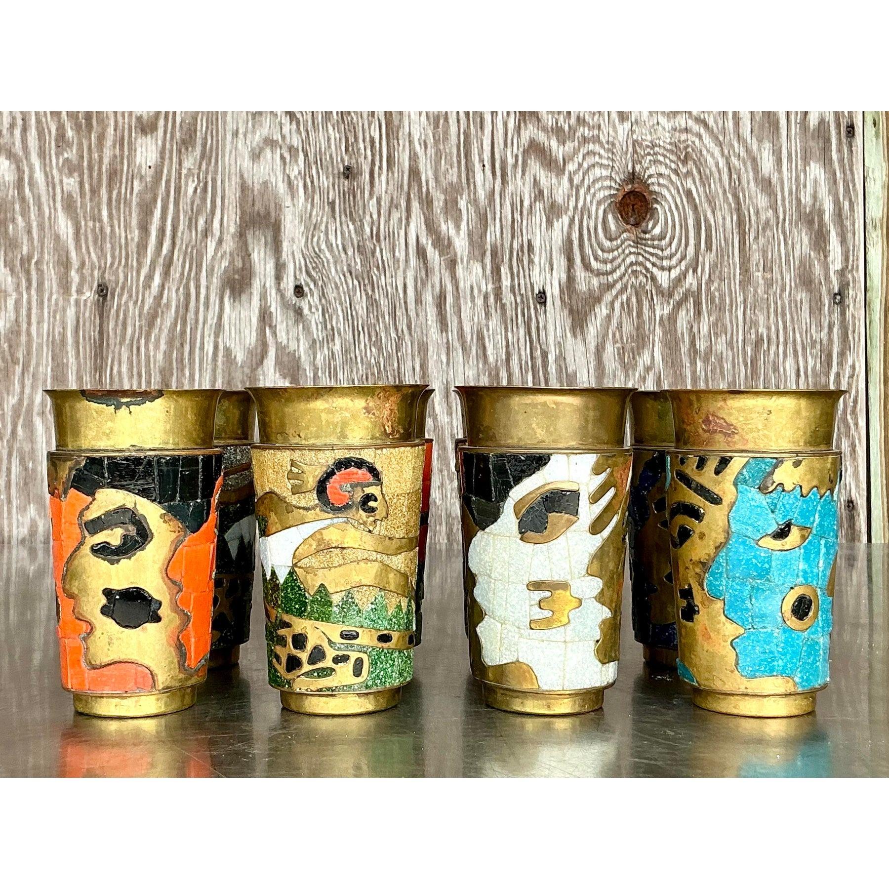 Vieux gobelets Boho Salvador Teran en mosaïque de laiton - Lot de 8 en vente 3