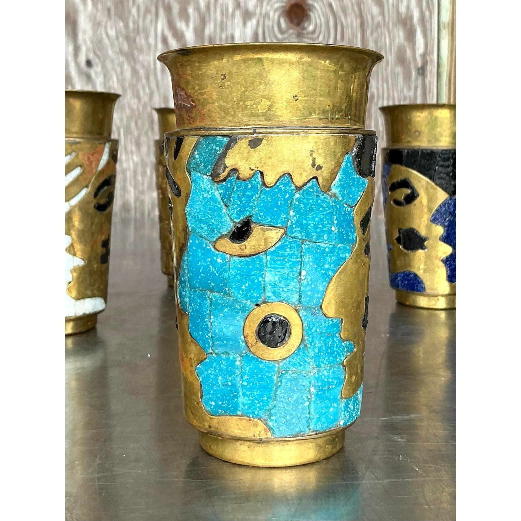 Vieux gobelets Boho Salvador Teran en mosaïque de laiton - Lot de 8 en vente 4
