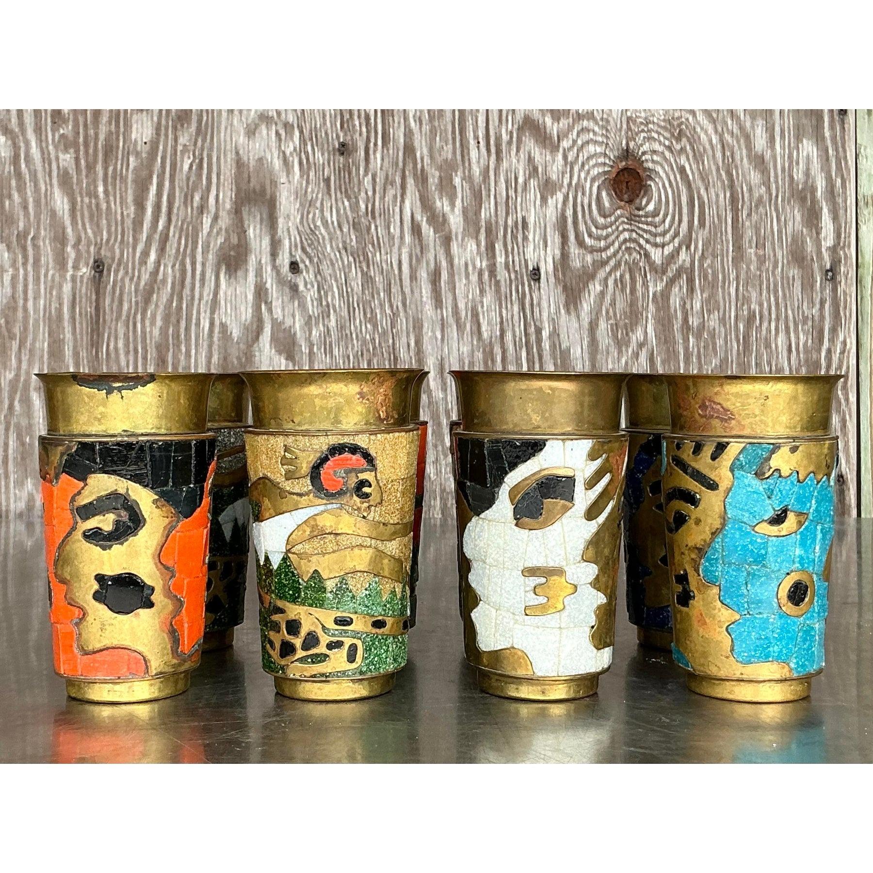 Vieux gobelets Boho Salvador Teran en mosaïque de laiton - Lot de 8 en vente 5