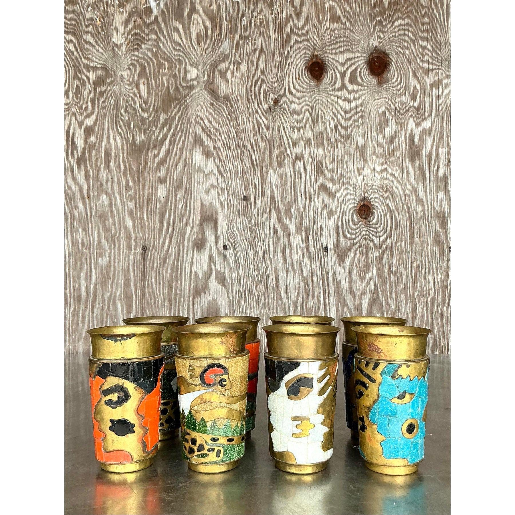 20ième siècle Vieux gobelets Boho Salvador Teran en mosaïque de laiton - Lot de 8 en vente