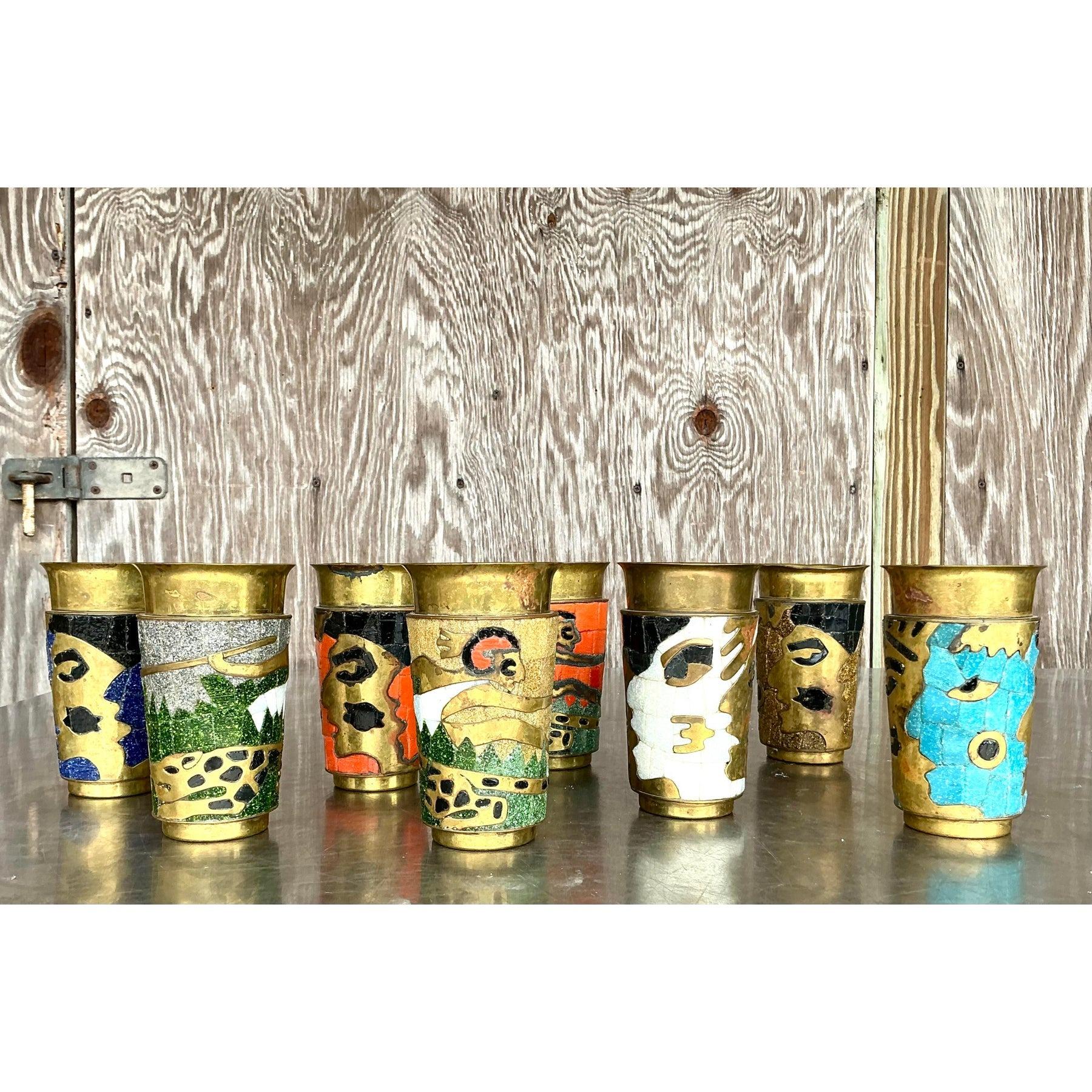 Laiton Vieux gobelets Boho Salvador Teran en mosaïque de laiton - Lot de 8 en vente
