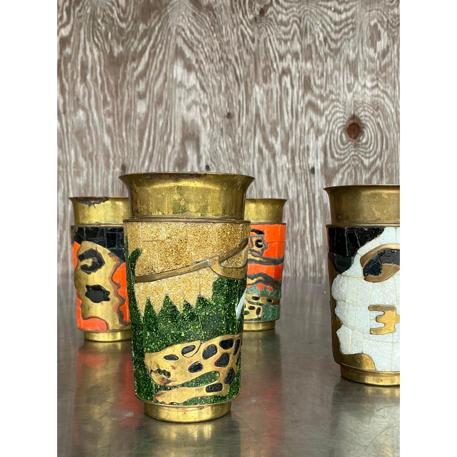 Vieux gobelets Boho Salvador Teran en mosaïque de laiton - Lot de 8 en vente 1