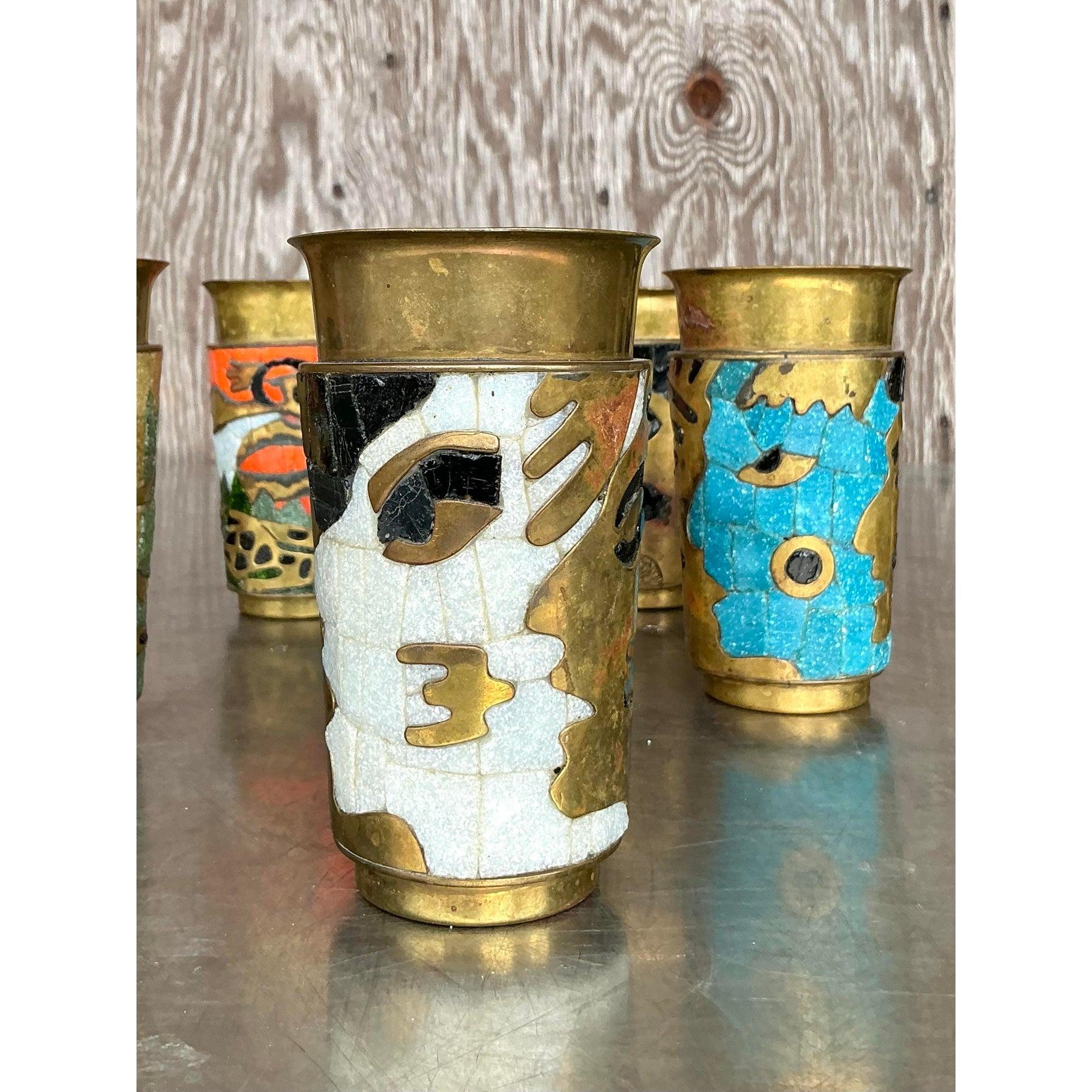 Vieux gobelets Boho Salvador Teran en mosaïque de laiton - Lot de 8 en vente 2