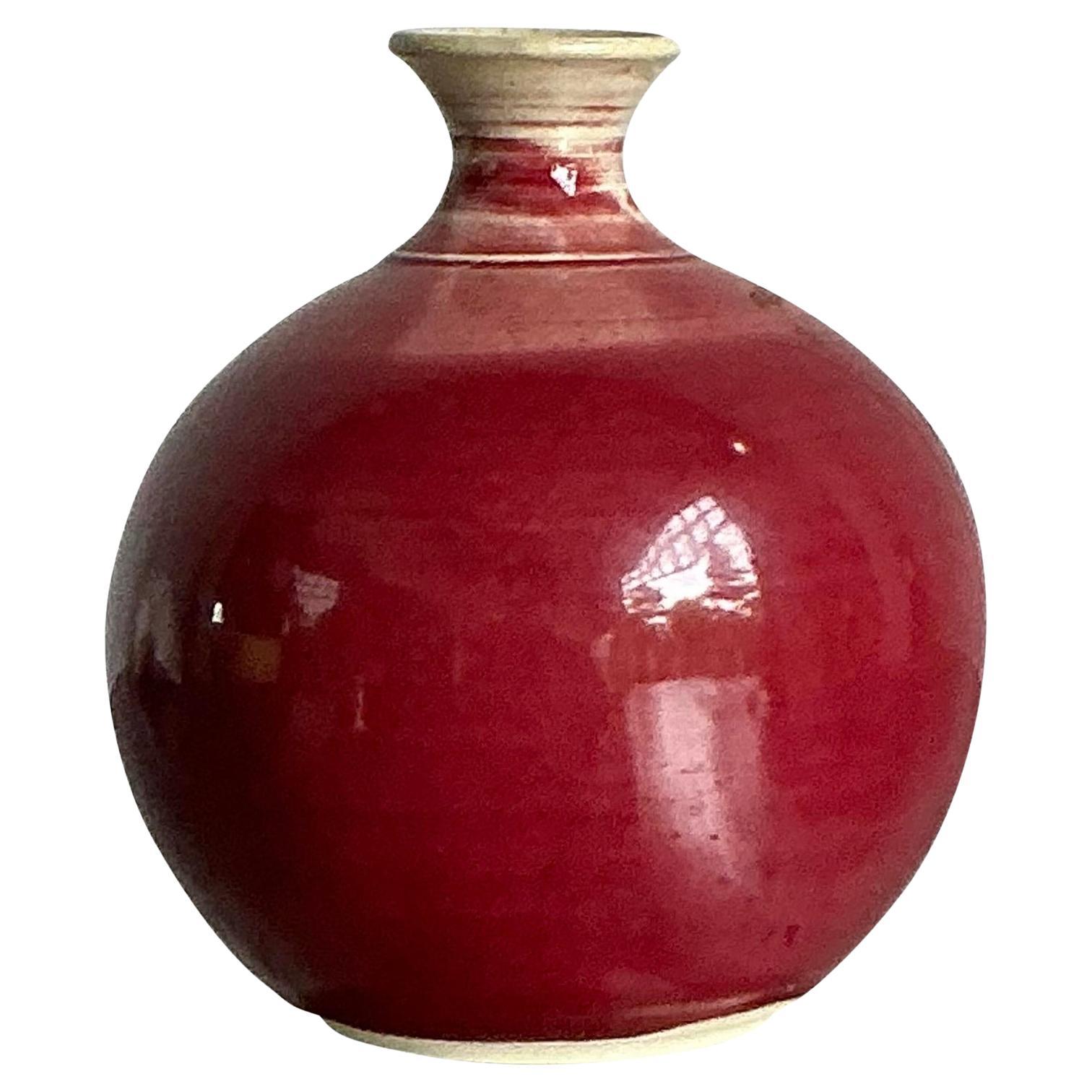 Vintage Boho Sang De Bouf glasierte Keramik-Vase