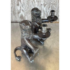 Paire de chandeliers vintage Boho Sarreid en bronze en forme de lion héraldique