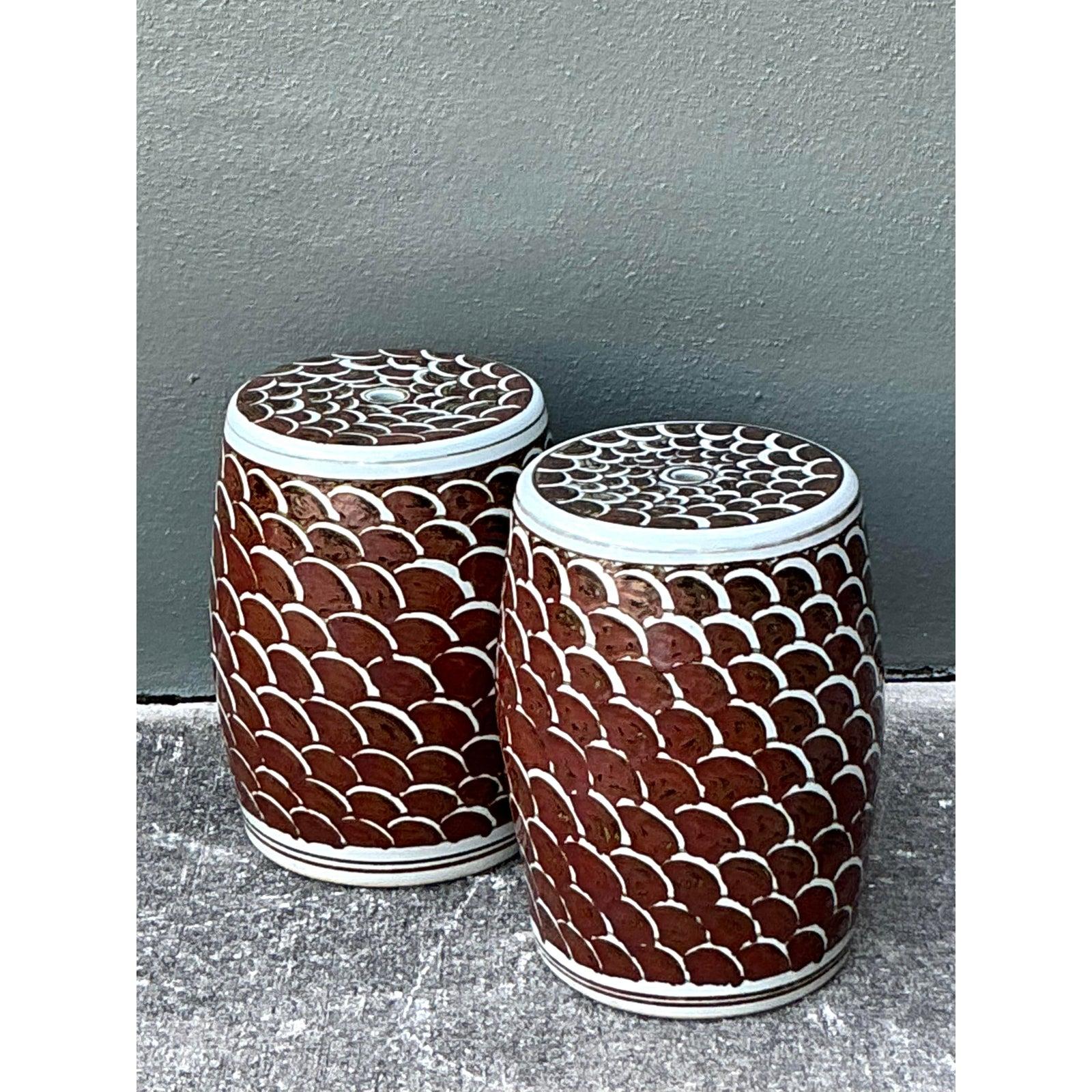 Art déco Vintage Boho Scales Glazed Ceramic Low Stools - A Pair en vente