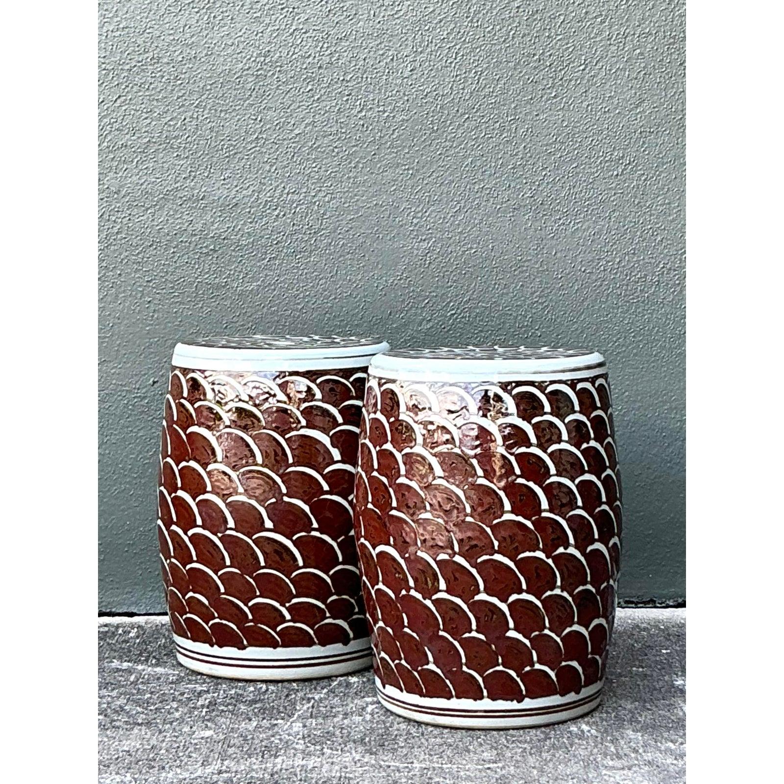 Américain Vintage Boho Scales Glazed Ceramic Low Stools - A Pair en vente