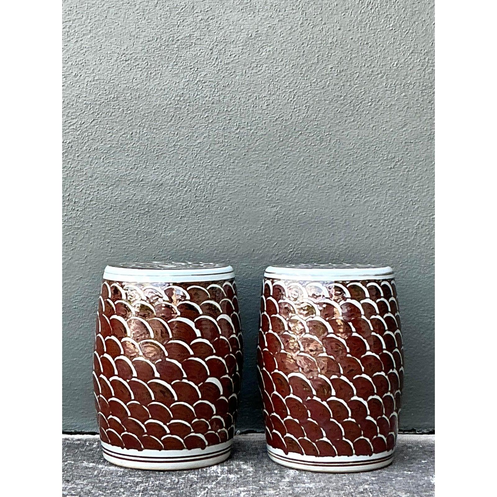 Vintage Boho Scales Glazed Ceramic Low Stools - A Pair Bon état - En vente à West Palm Beach, FL