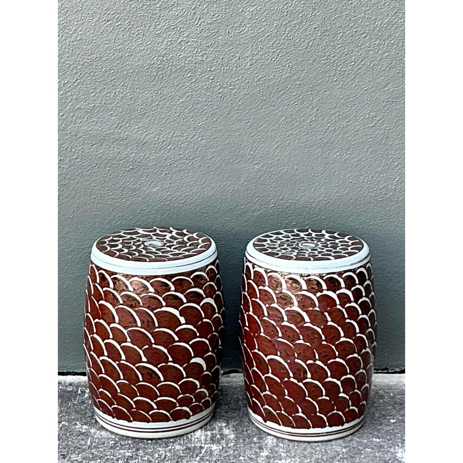 20ième siècle Vintage Boho Scales Glazed Ceramic Low Stools - A Pair en vente