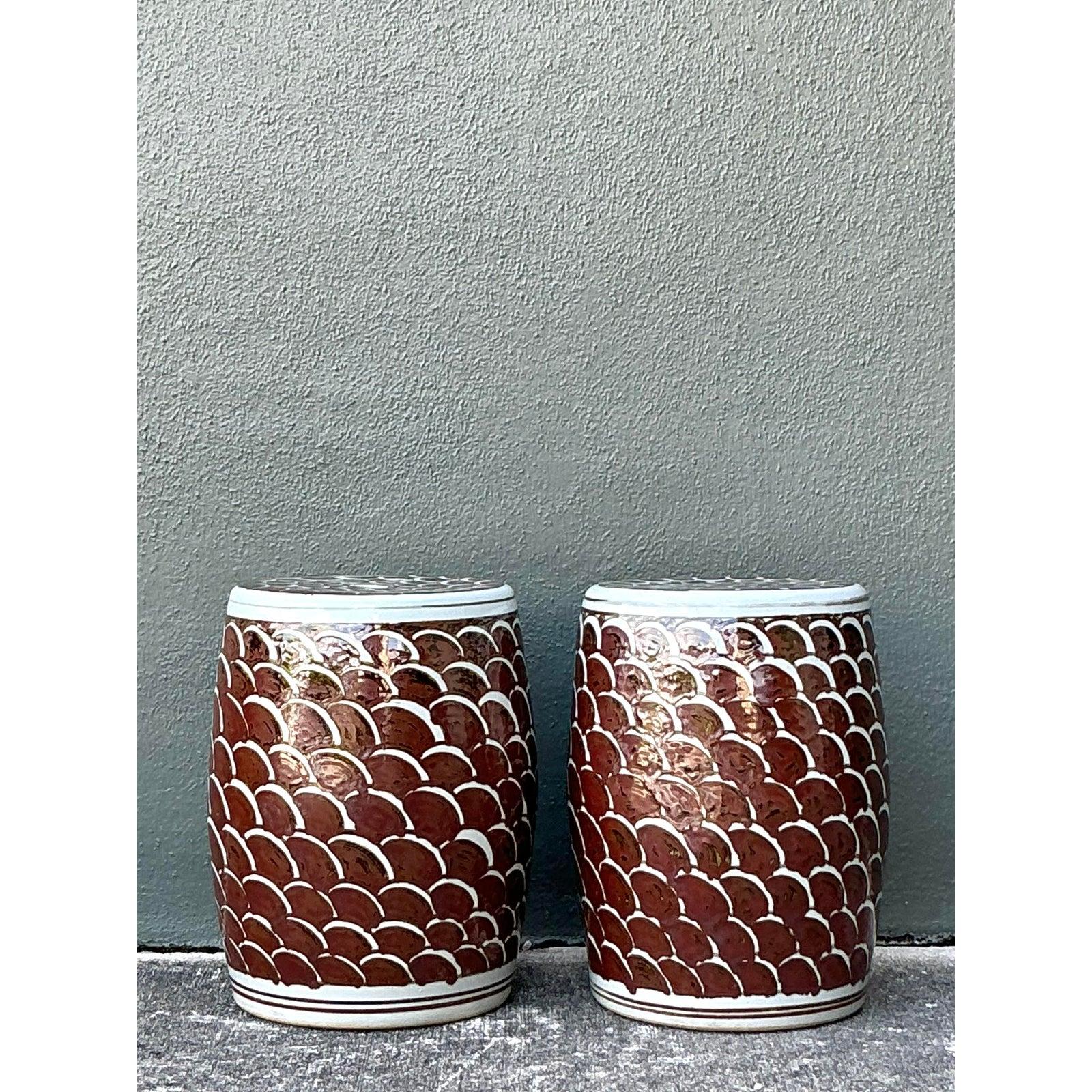 Vintage Boho Scales Glazed Ceramic Low Stools - A Pair en vente 1