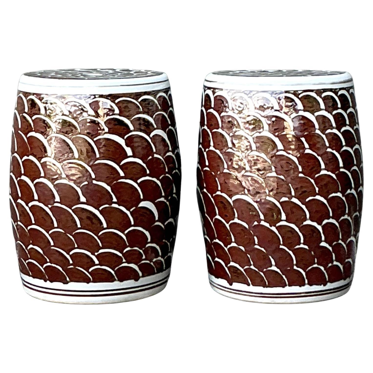 Vintage Boho Scales Glazed Ceramic Low Stools - A Pair